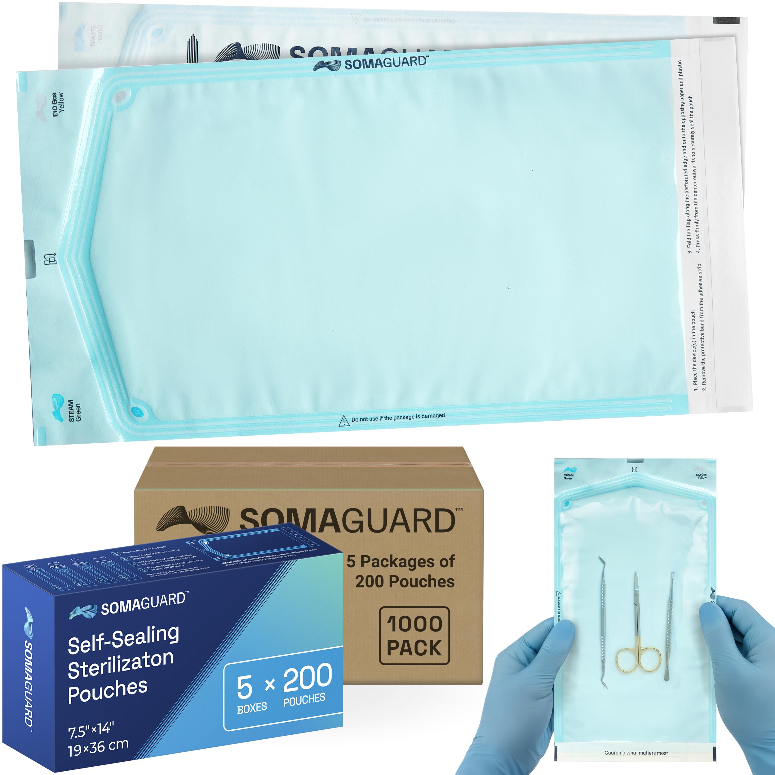 Sacchetti autosigillanti per sterilizzazione, indicatori di cambio colore per autoclave EO e vapore, tripla sigillata, chiusura adesiva, facile da aprire, senza lattice, 19,1 x 35,6 cm, 5 ×