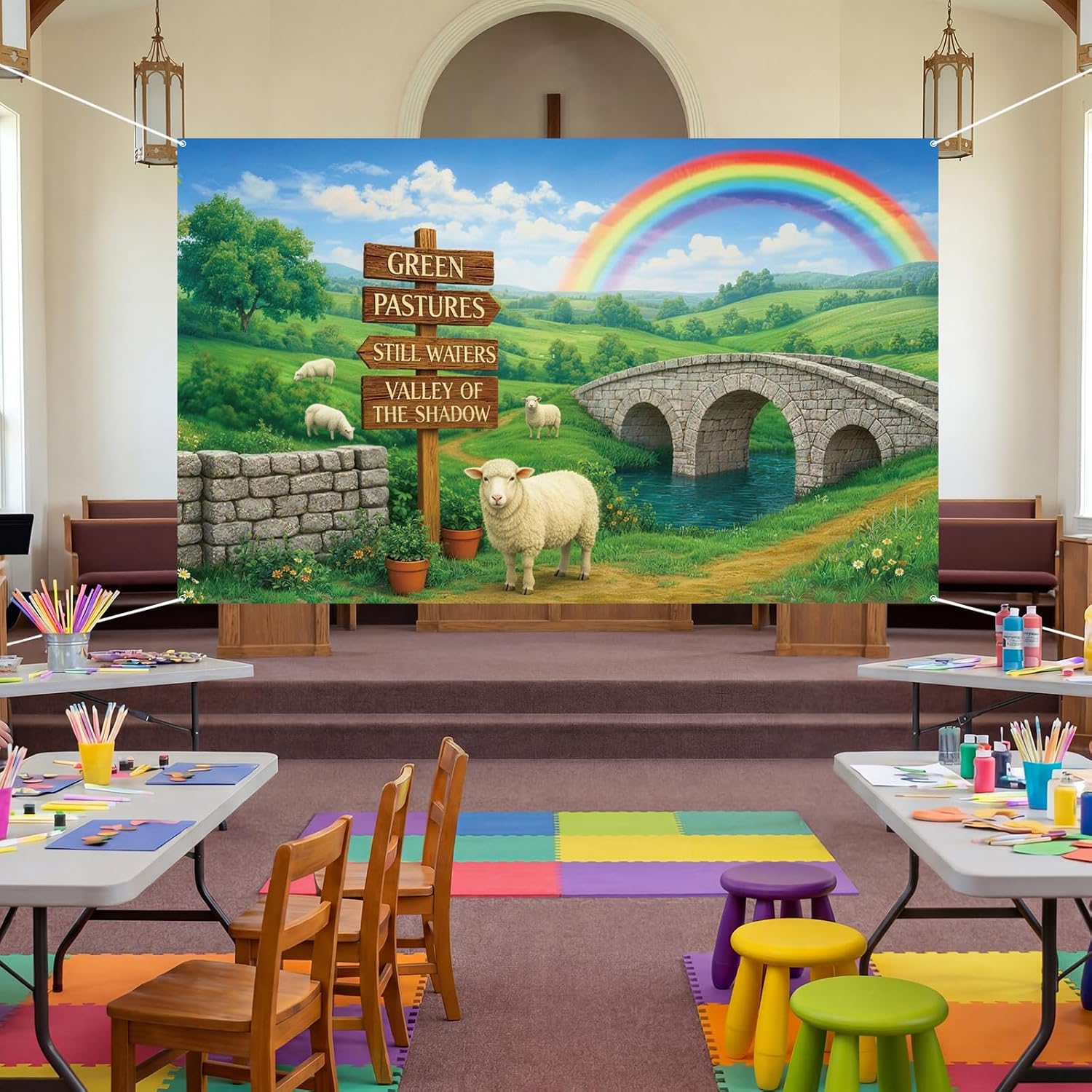 Lounsweer VBS 2026 Backdrop Decoration 6 x 3.6 ft Emerald Isle Decoration Psalm 23 Religious VBS Background Decor for Vacation Bible School, Summer Camp, Church Banner & Photo Booth Props