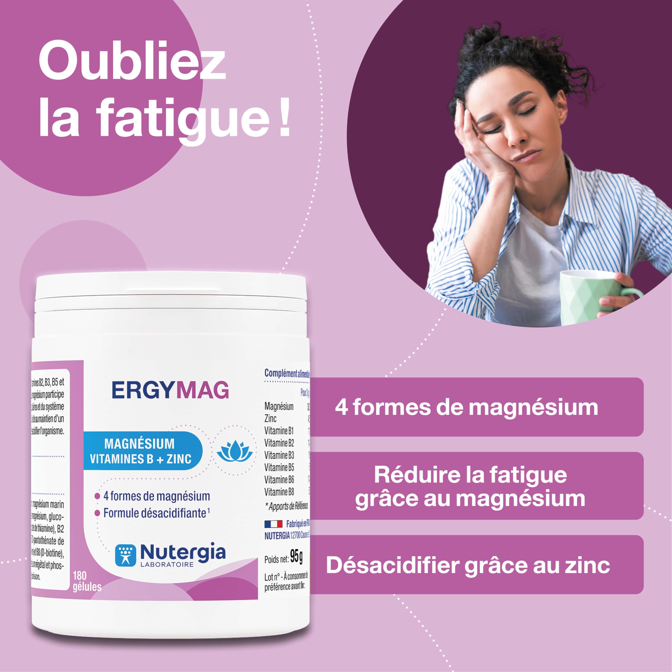 Nutergia – Magnésium, vitamines B et Zinc – Fatigue physique – 4 Sels de magnésium – formule désacidifiante – Complément alimentaire – 180 Gélules – Fabrication Française