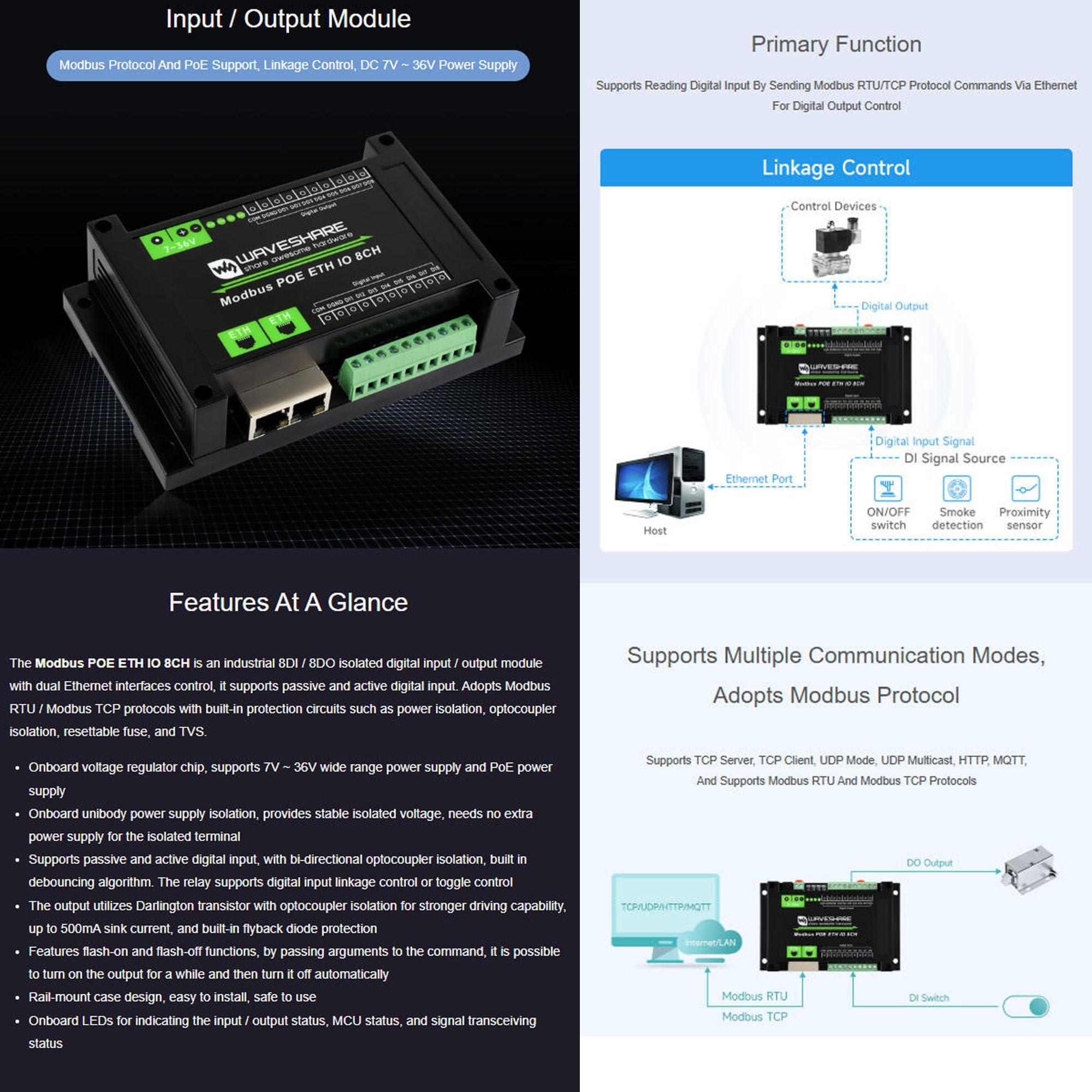 Módulos Ethernet IO Modbus, 8DI/8DO, aislado, PoE, DIN Rail, 7-36 V