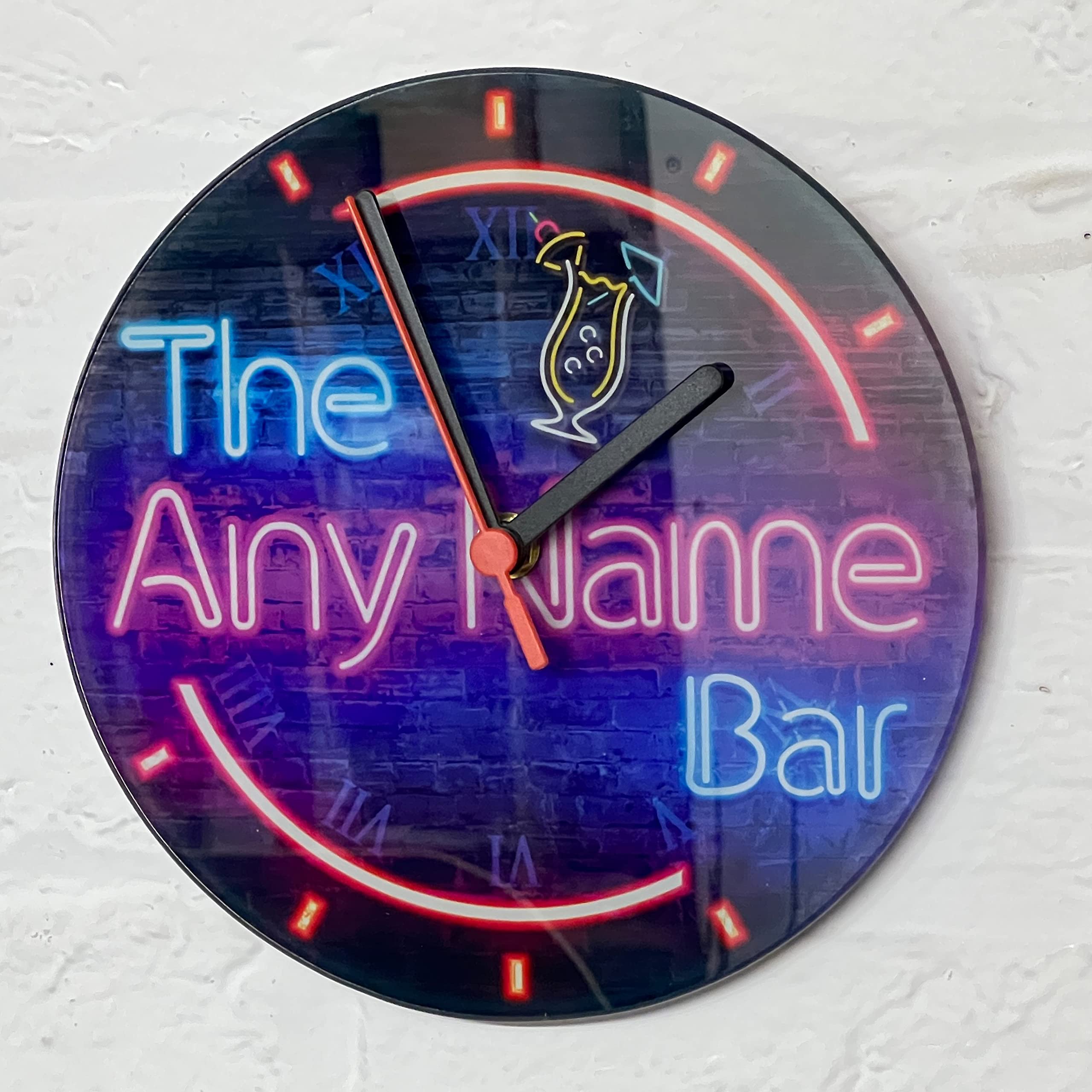 ShopQuality4U Personalised Neon Effect Round Glass Clock 20cm (7.87") Home Bar with Cliparts