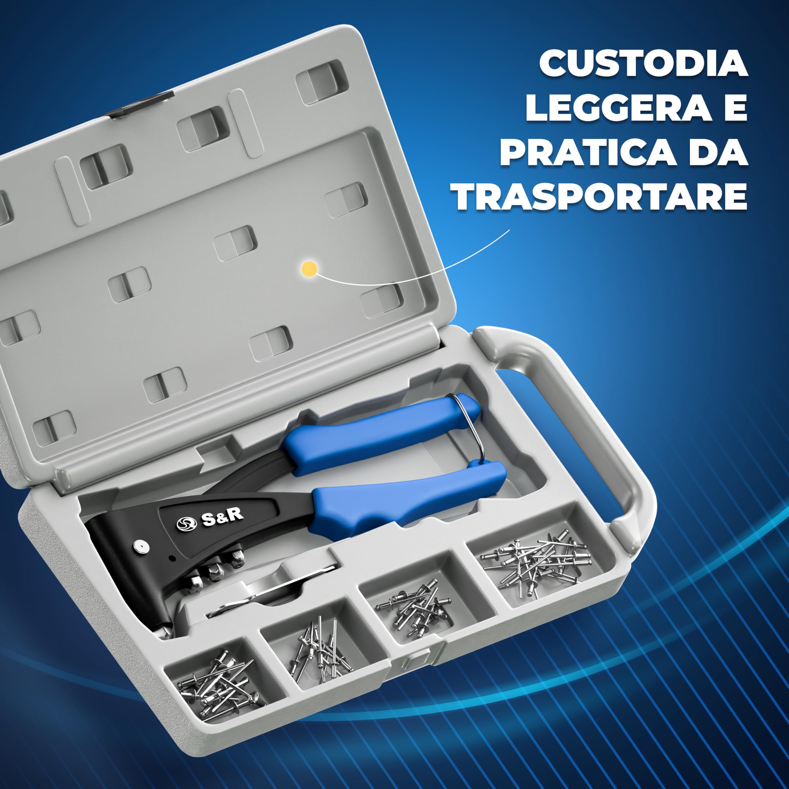 S&R Rivettatrice Manuale Professionale con 470 Rivetti. Pinza Professionale per Rivetti in Alluminio e Acciaio Inox per Fori Ciechi, Tenaglia per Rivetti a Strappo con 4 dadi, 1 Chiavetta, 1 Box.