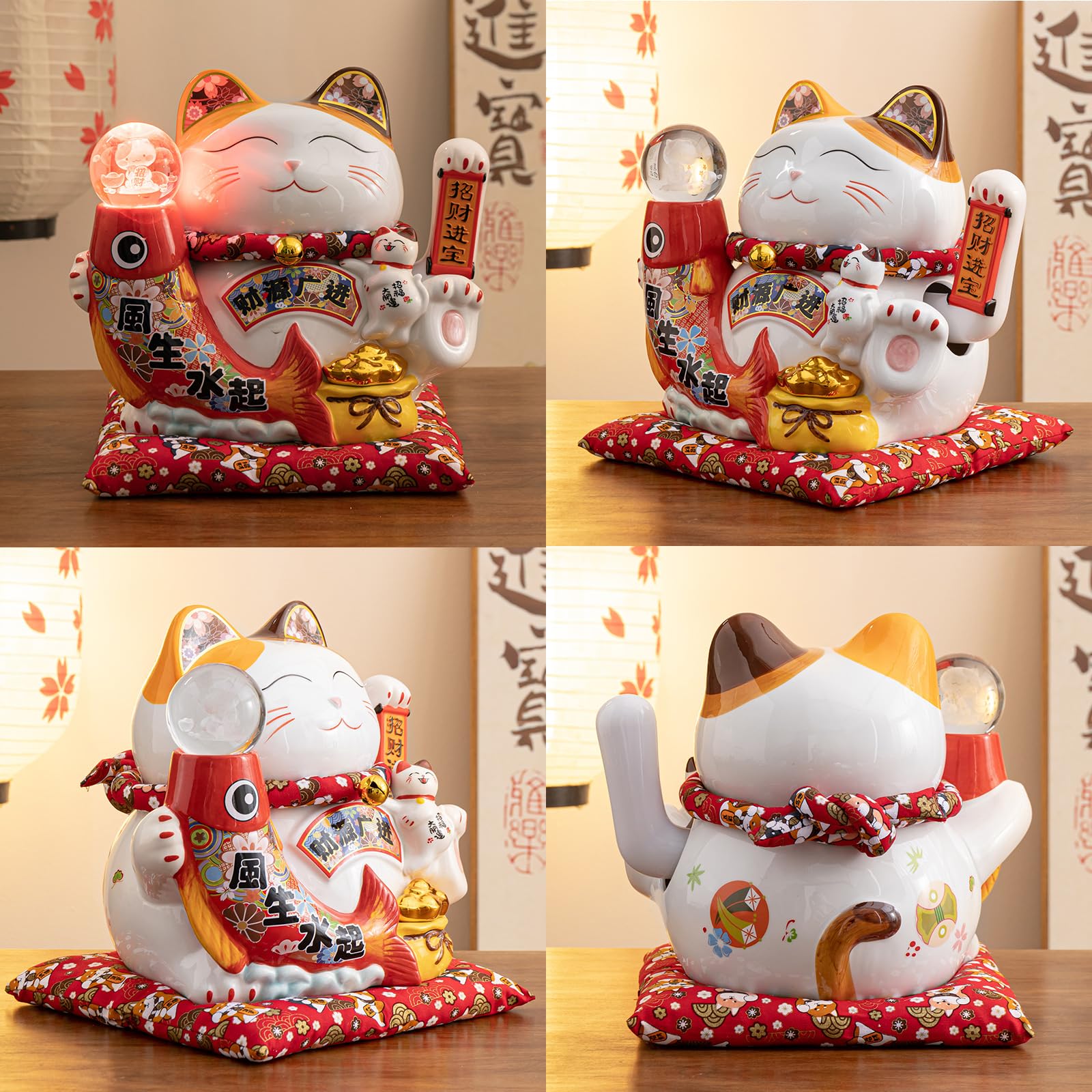 Estatua grande de gato de la suerte Maneki Neko con bola de cristal, figura de gato de la fortuna japonesa, blanco y rojo