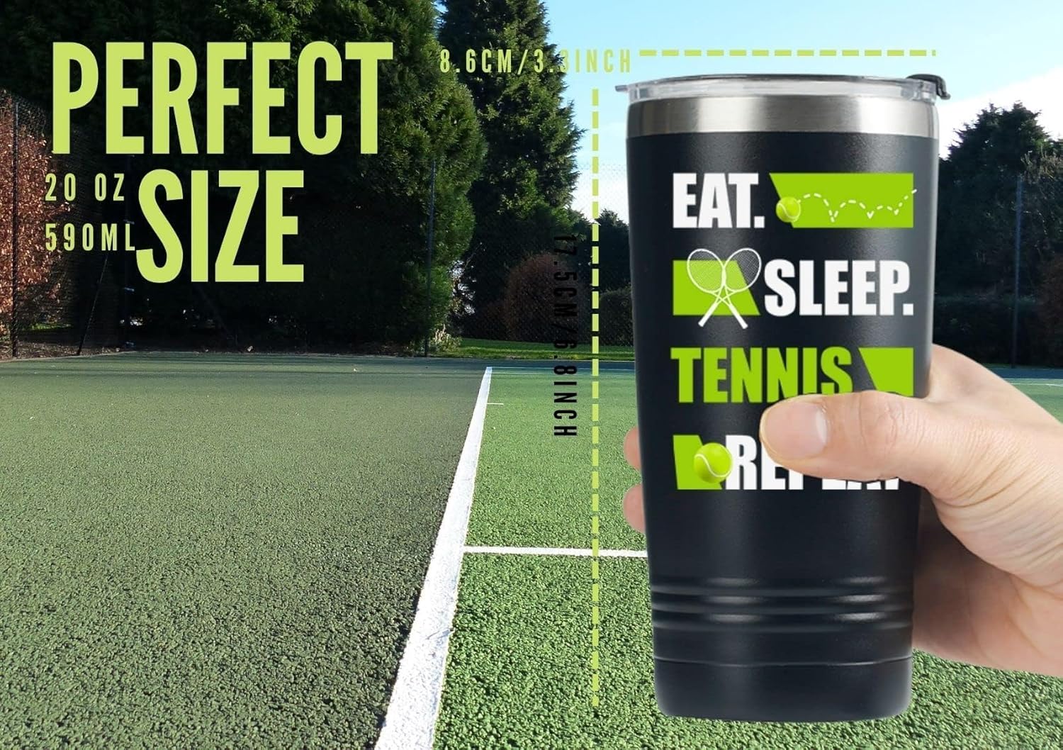 Onebttl Tennis Gifts for Men, 20 oz Stainless Steel Tumbler, Birthday Gifts for Players, Coach, Men, Women - Eat Sleep Repeat - Image 3