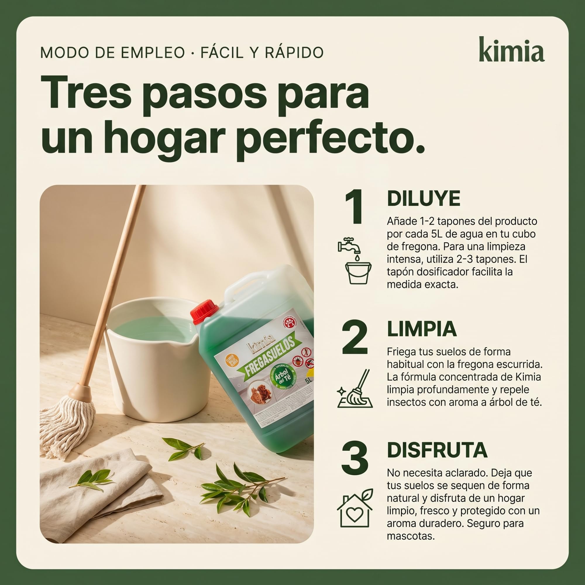 KIMIA Fregasuelos Profesional 5L Limpiasuelos Mascotas Repelente Insectos Concentrado Esencia de Árbol de Té Multisuperficie