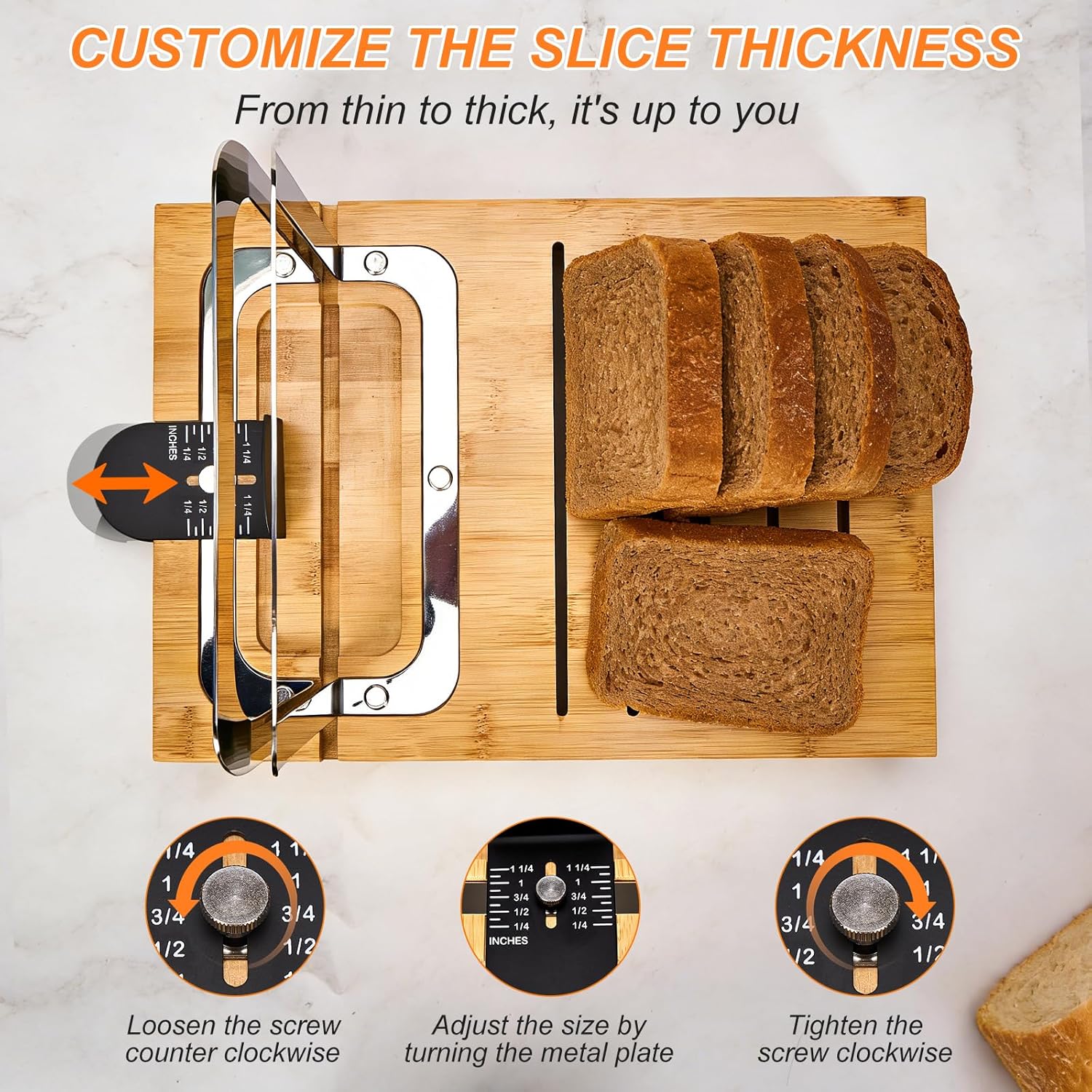 Bamboo Sourdough Bread Slicer for Homemade Breads with Bread Knife，Adjustable Slice Thickness and Bread Width, Stainless Steel Cutting Guides with Crumb Tray for Round Sourdough & Homemade Breads