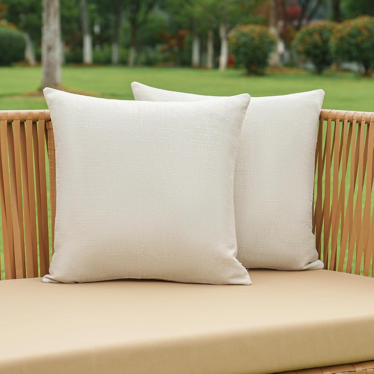 NiNi ALL Pack of 2 Decorative Outdoor Waterproof Pillow Covers Square Linen Textured Garden Cushion Sham Throw Pillowcase Set of 2 for Patio Farmhouse Garden Tent Couch 18x18 Inch Beige - Image 8
