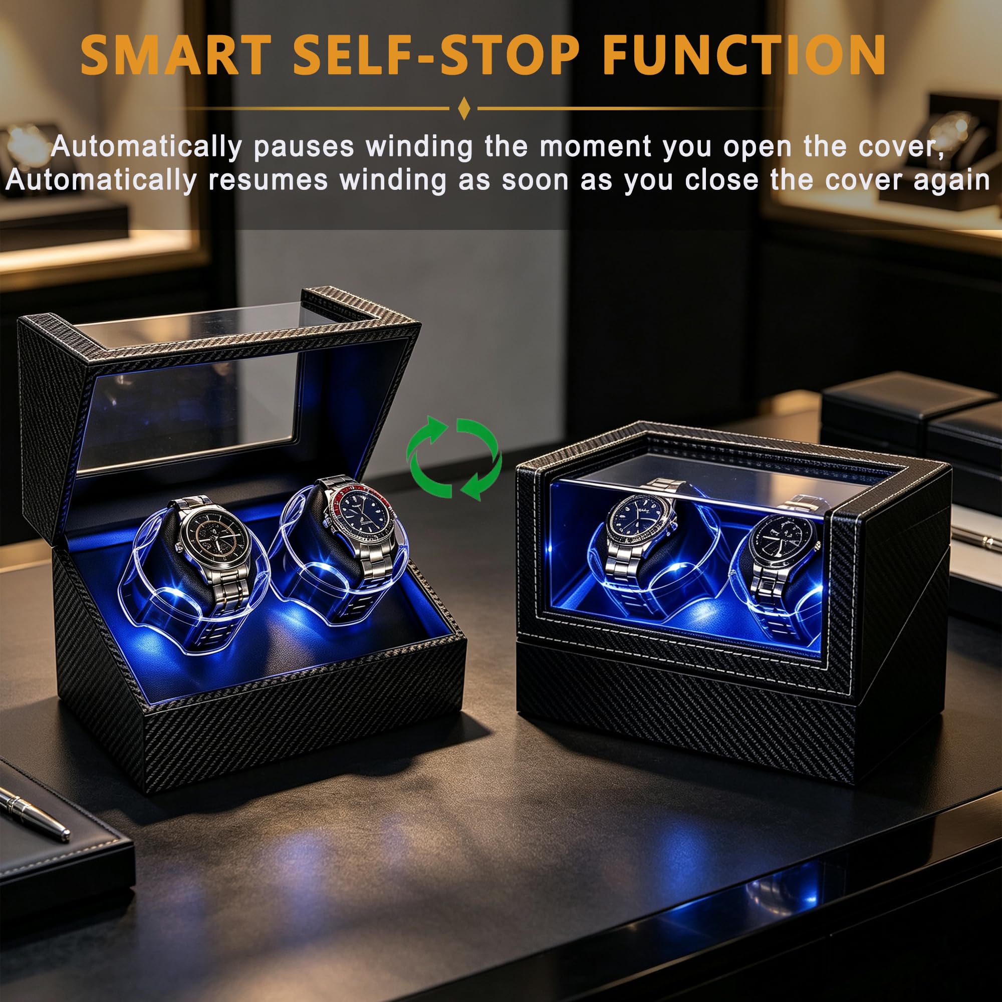 Anyasun Uhrenbeweger für Automatikuhren: doppelte automatische Uhrenbox mit super leisem Motor und LED-Hintergrundbeleuchtung, 4 Modi drehbares Uhrengehäuse, Typ-C-Adapter