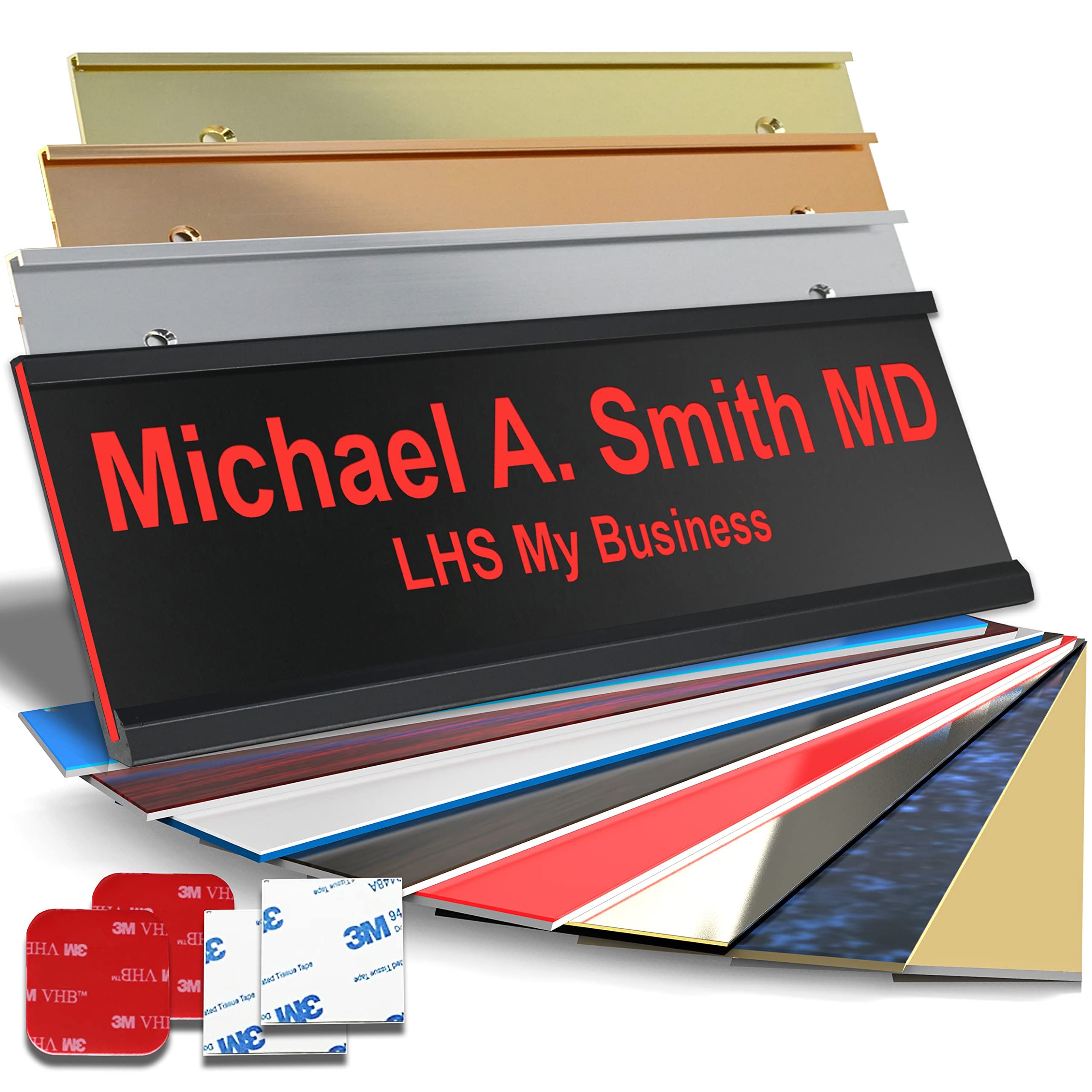 Custom Name Plate for Doors, with Choice of Mounting Holders for Walls, Doors, Cubicles, Hanging and More - Personalized Black Plastic Red Letters -