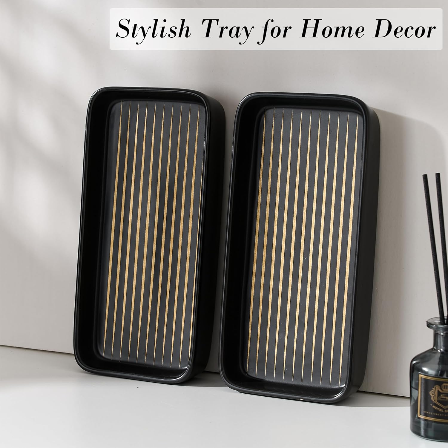Bathroom Vanity Tray for Countertop,2PC Rectangle Striped Tray,Decorative Bathroom Organizer for Scrubber, Lotion Bottles, Perfume, Jewelry, Candle, Key Trinket Ring(Small,Black) - Image 5