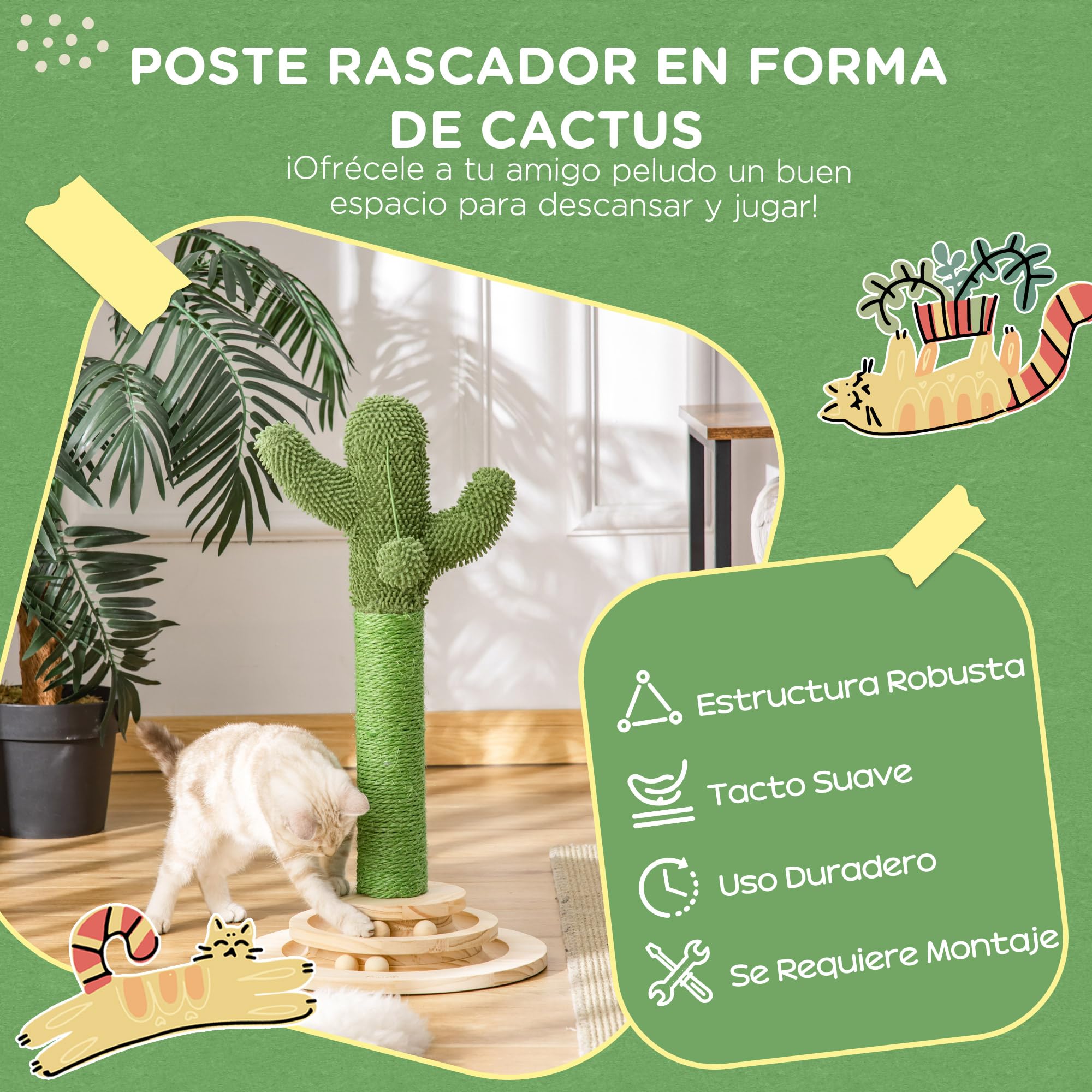 PawHut Poste Rascador para Gatos en Forma de Cactus 32x32x60 cm Verde | Pequeño Árbol Rascador para Gatos, Poste de Sisal y Felpa, Pelota Colgante, Base con Juego de Madera