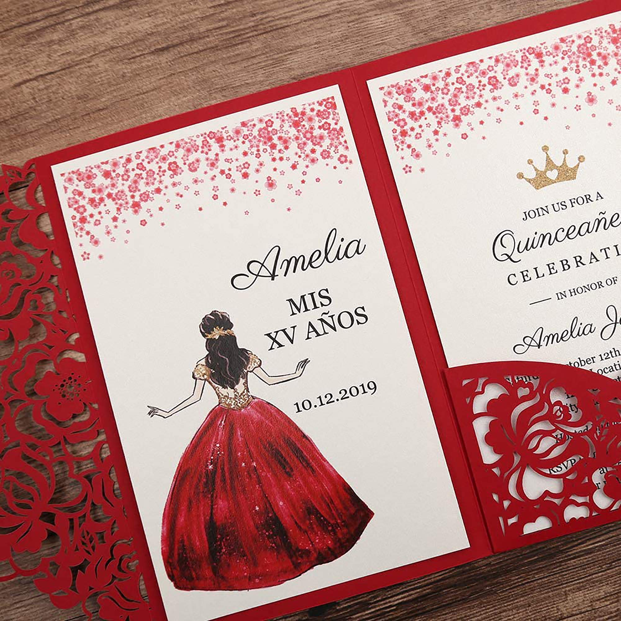 DORIS HOME 4.7x7 Inch 50PCS Blank Red Quinceanera Invitations Kit Laser
