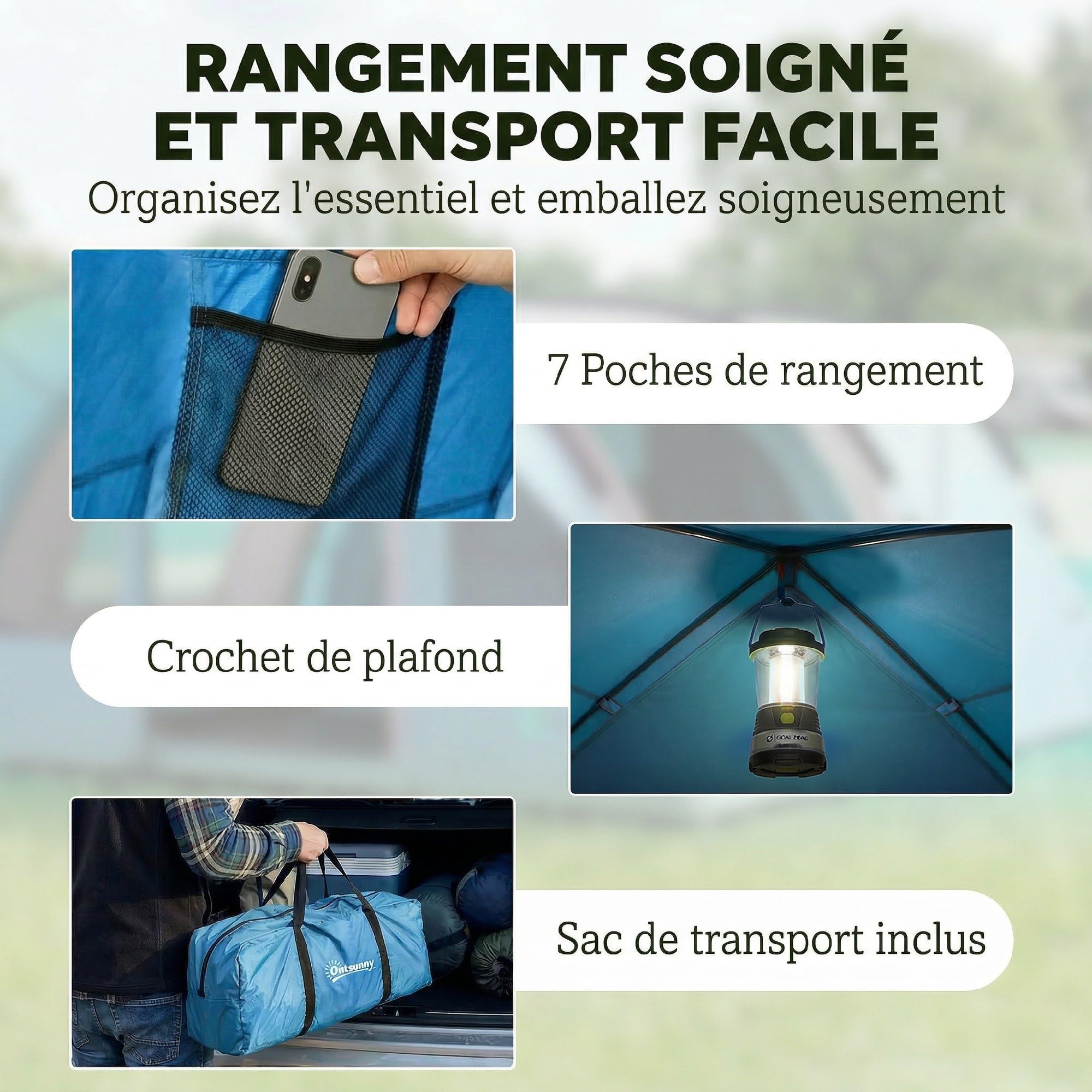 Outsunny Grande Tente Tunnel Camping 4 Personnes 3-4 Saisons Bleu Gris | Hauteur d'Homme 2 m, Séjour XL 3,7 m, Imperméable 3000mm, Tapis De Sol Cousu, 4 Portes, 6 Fenêtres