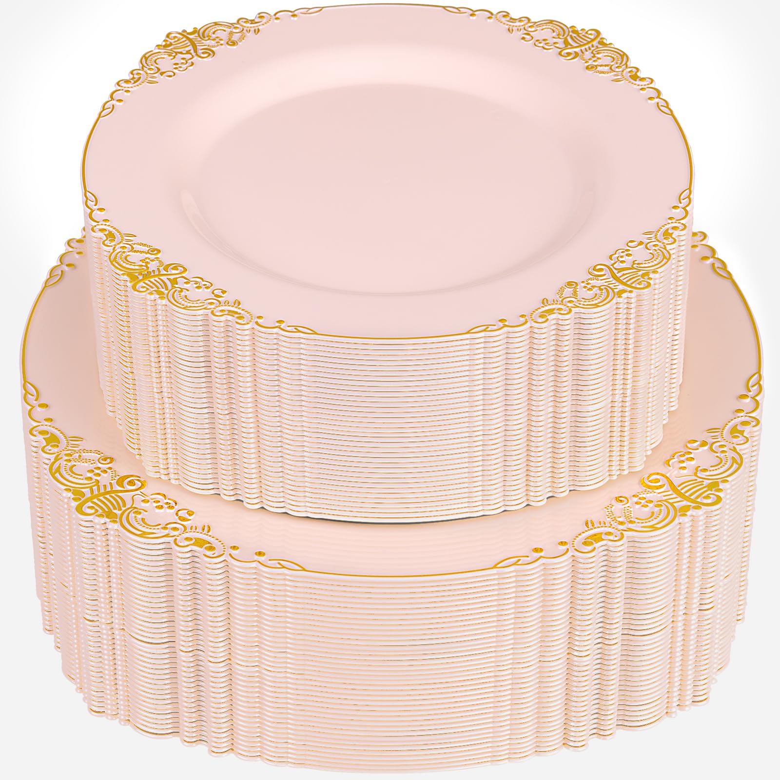 Joyido 102PCS Pink Plastic Plates - Pink and Gold Plate - Heavyweight Disposable Plate with Gold Rim - Fancy Dinner & Dessert Plates for 51 Guests Weddings & Mother's Day & Parties