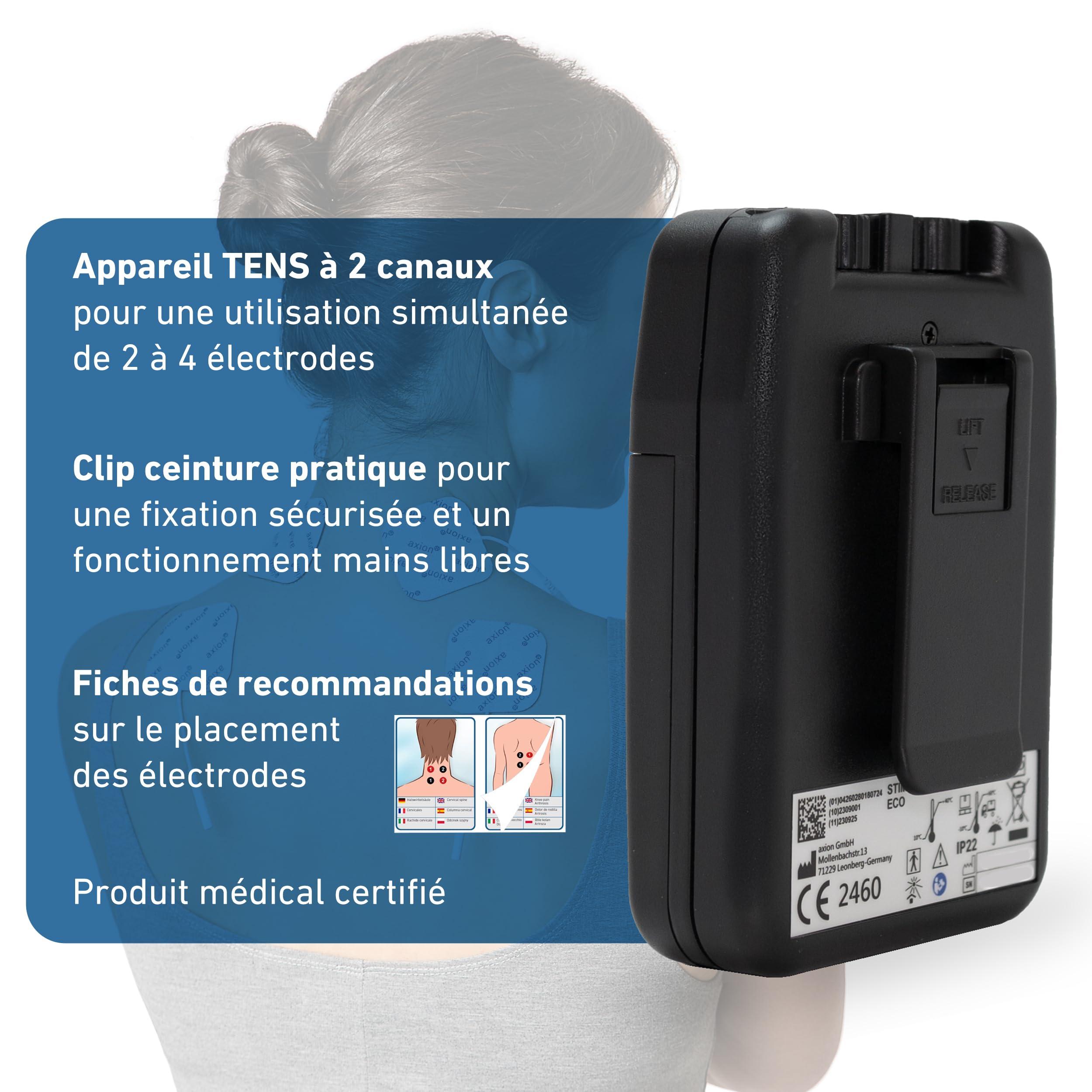 Électrostimulateur TENS manuel à 2 canaux STIM-PRO ECO axion® pour le traitement de la douleur avec 4 électrodes 5x5 cm et 1 électrode cervicale | Paramètres réglables | Batterie rechargeable 9V