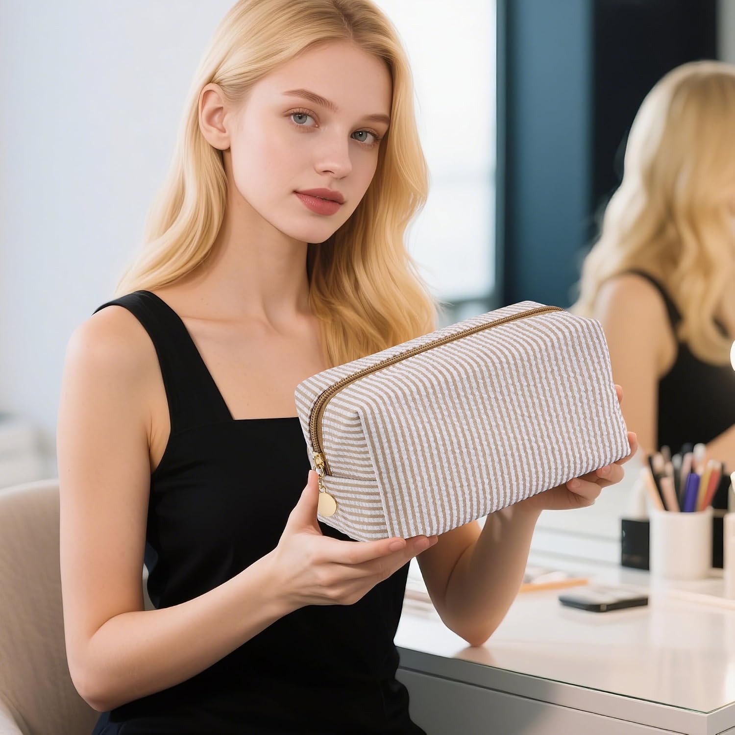 6PCS Makeup Bag Travel Toiletry Bag for Women, Small Cosmetic Bags with Lace Trim Cute Brown Stripe Aesthetic Organizer Makeup Pouch for Purse Emergency Bag Pencil Case Accessory Bag