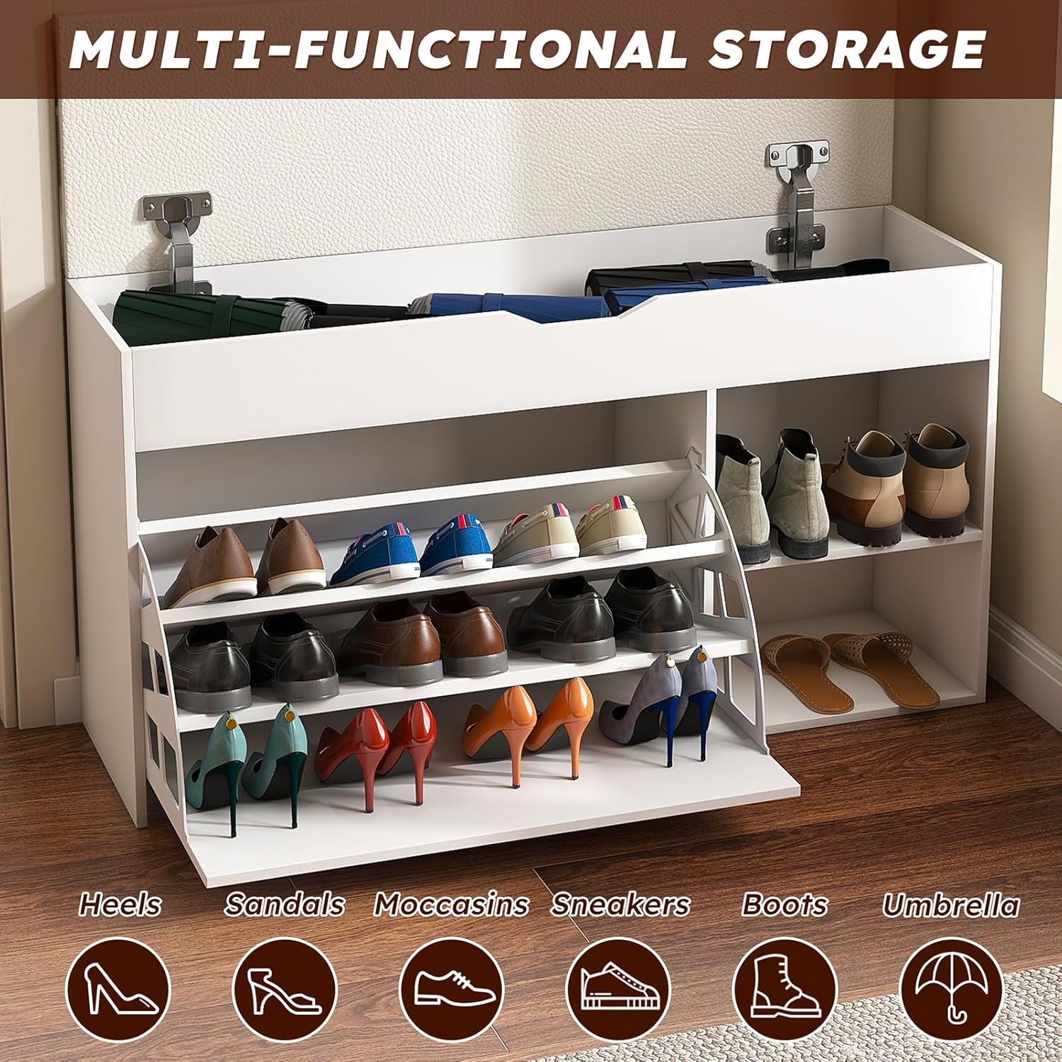 39 Inches Storage Bench, Shoe Bench with Padded Seat Cushion, Adjustable 3-Tier Flip-Up Drawers & Hidden Cabinet, Space-Saving Shoe Organizer, for Entryway, Living Room, Bedroom, White