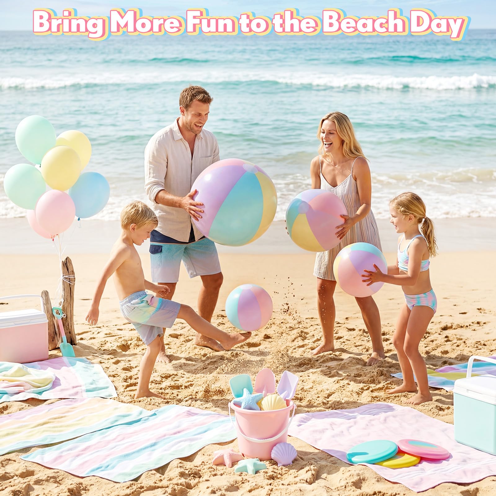 MiniInflat Confezione da 4 palline da spiaggia in 4 misure (61 cm, 40,6 cm, 30,5 cm, 20,3 cm), palline gonfiabili pastello per bambini e adulti, feste estive in spiaggia hawaiana, forniture per feste