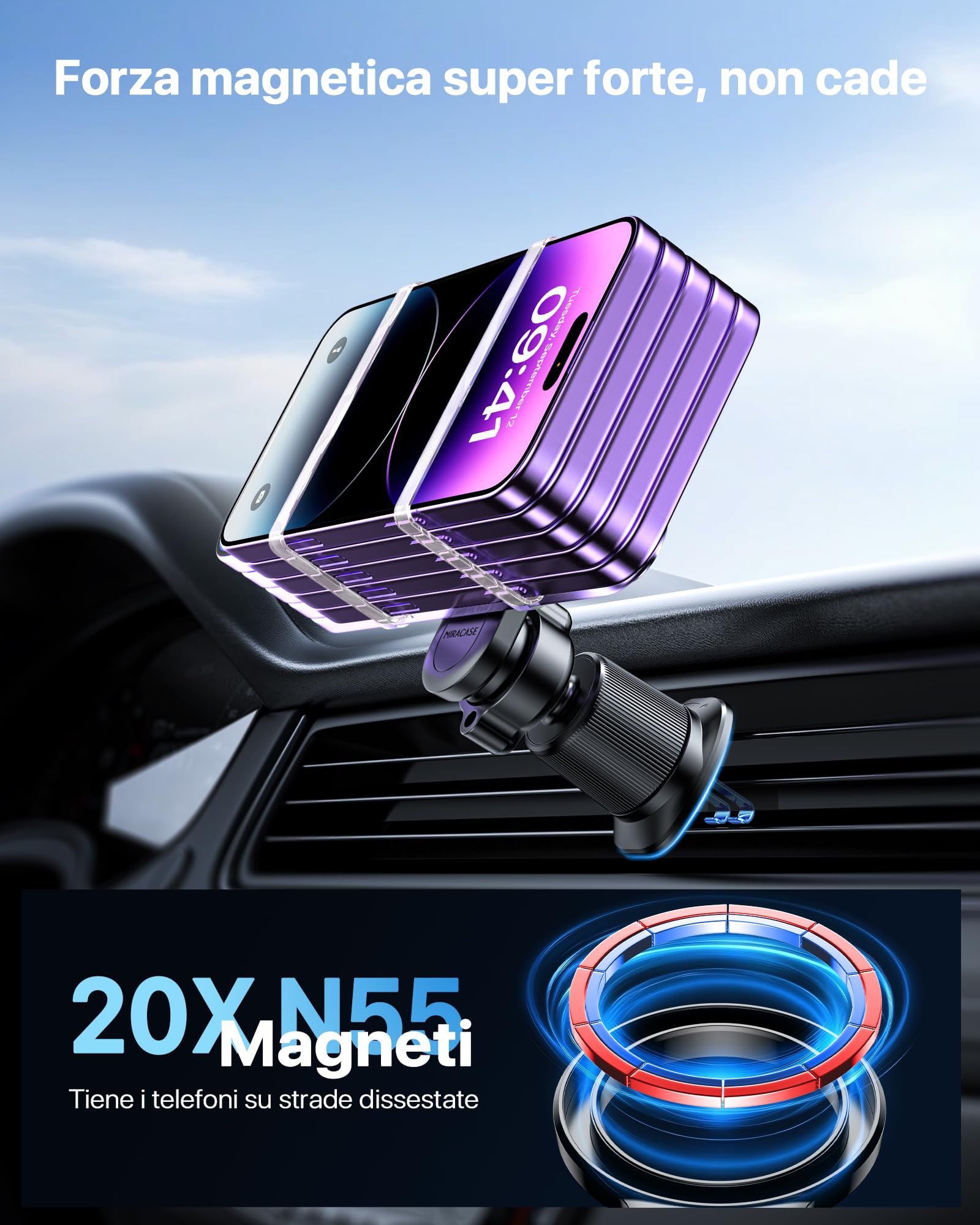 Miracase Porta Cellulare Auto con MagSafe【Potente Magnetico】Supproto Telefono Auto Magnetico【Gancio in Metallo】Porta Telefono Auto per Il Cruscotto & Presa d'Aria di Auto Compatibile con Smartphones