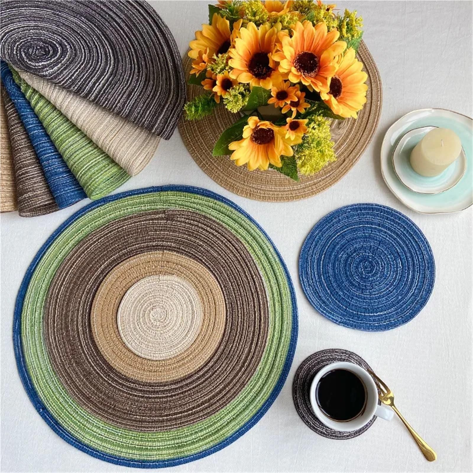 2 manteles individuales de hilo de algodón for la cena, redondos, tejidos con ramio, tapete for tazas, tapete aislante térmico, posavasos antideslizante y antiescaldaduras Para Platos, Tazones(Orange,
