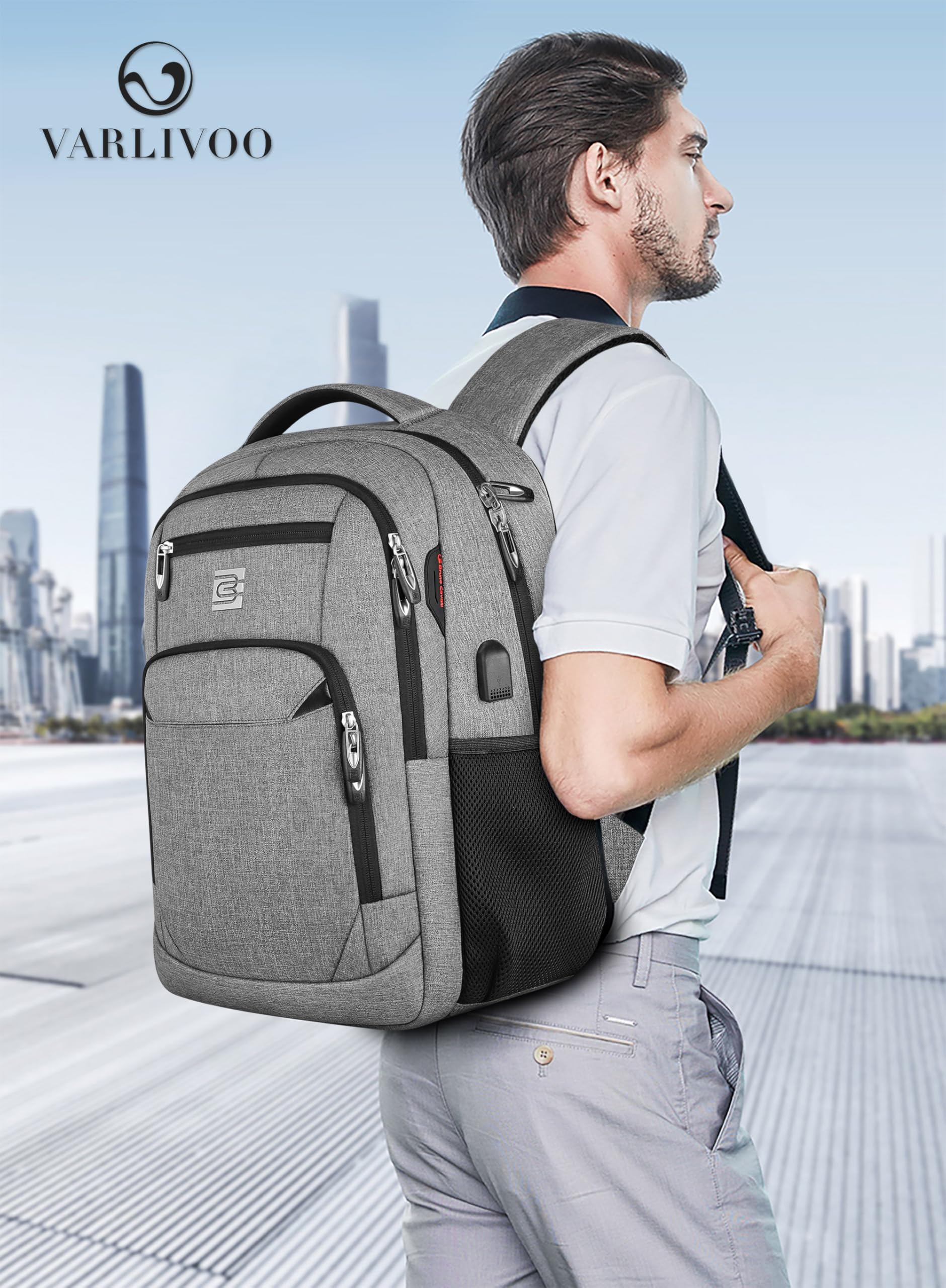 VARLIVOO Uomo Zaino USB Port Donna Zainetto 15,6" Laptop Uomo Borse Alta Capacità Lavoro Viaggio Scuola Impermeabile Polyester Grigio Chiaro