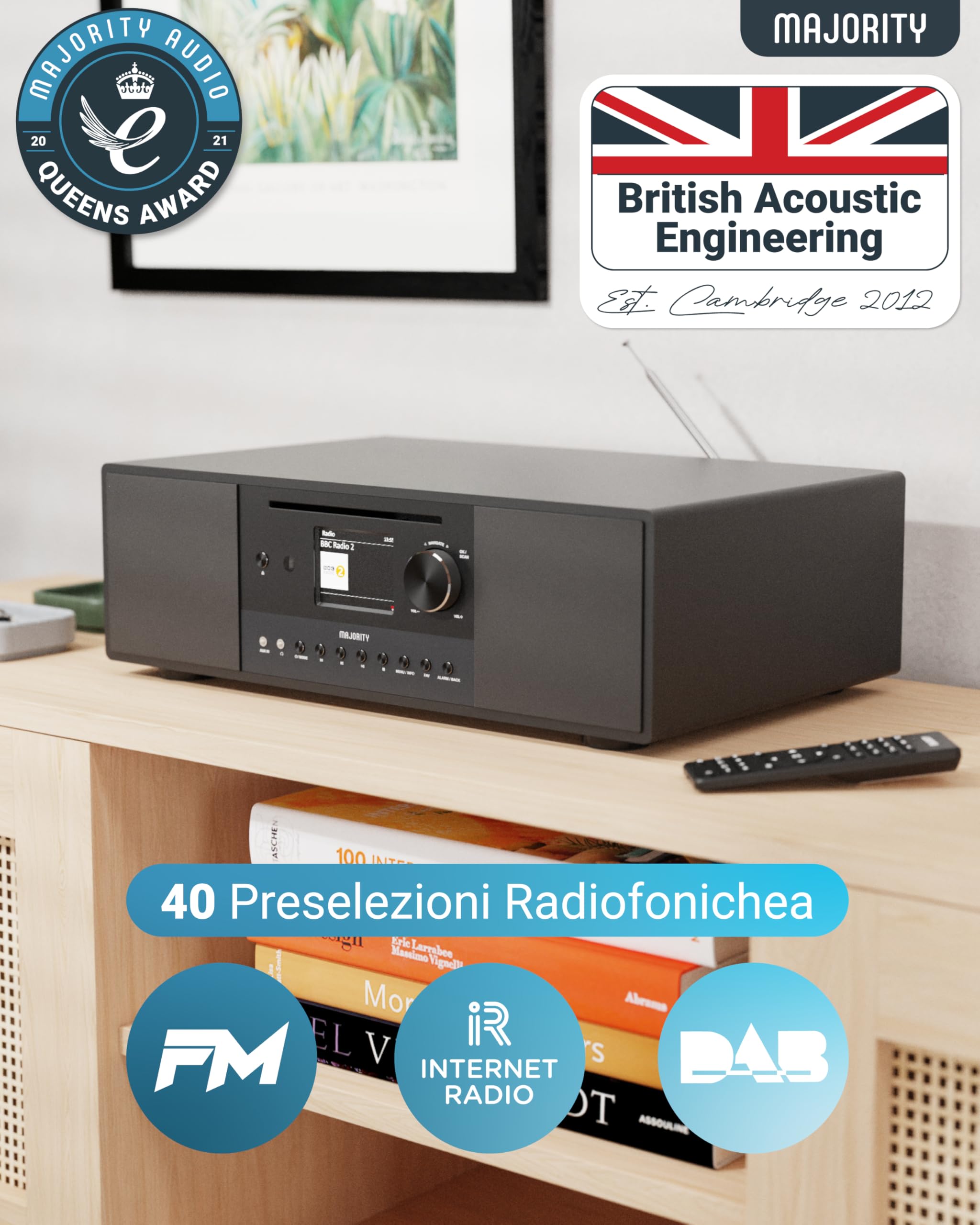 Majority Quadriga Internet Radio Lettore CD Hi Fi DAB+ Impianto Stereo Casa 120W 2.1 Bluetooth Wifi Spotify Connect
