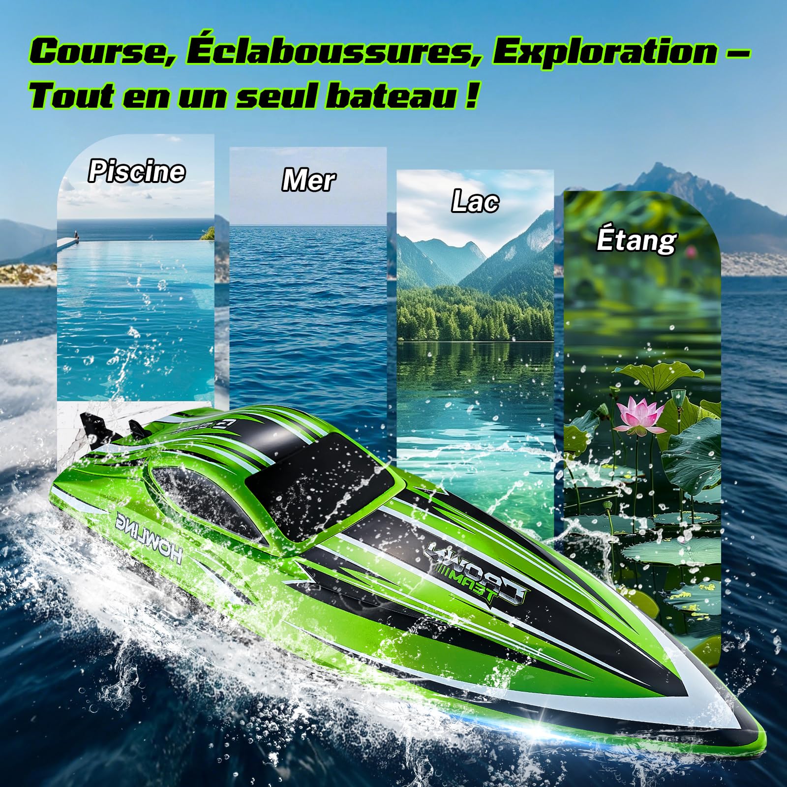 Bateau télécommandé, 55 km/h, bateau télécommandé avec batterie 3S, sans balais, LED, auto-redressement, 2,4 GHz, bateau de vitesse télécommandé, bateau à moteur télécommandé, pour enfants et adultes
