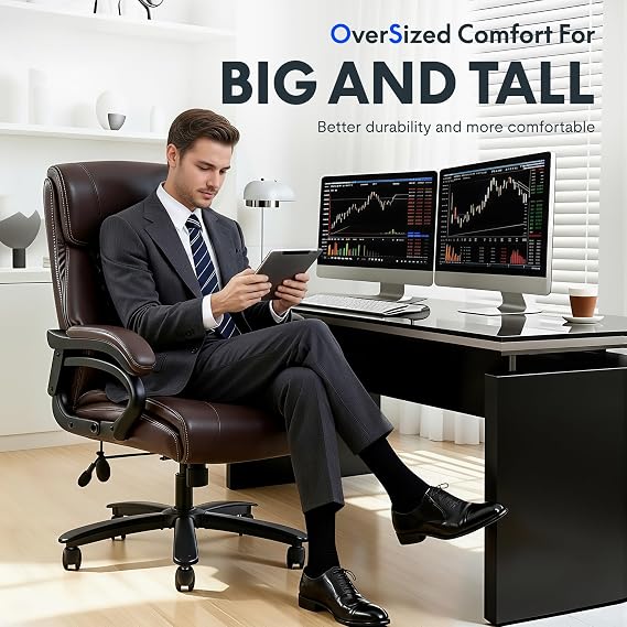 FLEXISPOT 500lbs Big and Tall Office Chair for Heavy People, High Back Heavy Duty Computer Chair with Stable Armrest 1D Lumbar Support, Desk Chairs for Working Gaming Relaxing, PU Leather, Brown