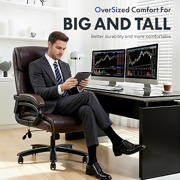 FLEXISPOT 500lbs Big and Tall Office Chair for Heavy People, High Back Heavy Duty Computer Chair with Stable Armrest 1D Lumbar Support, Desk Chairs for Working Gaming Relaxing, PU Leather, Brown
