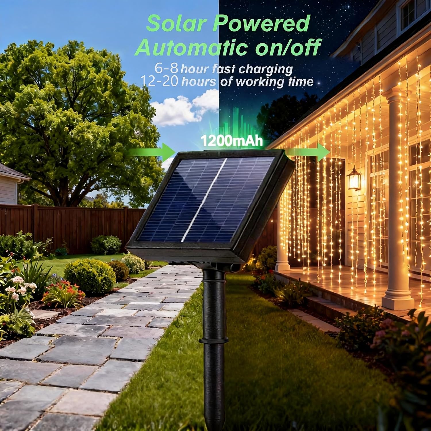 2 Pack Solar Curtain Light Outdoor, 20ft x 10ft, 480 LEDs in Total Solar Powerd String Lights Waterproof Outside for Garden Party Wedding Decór