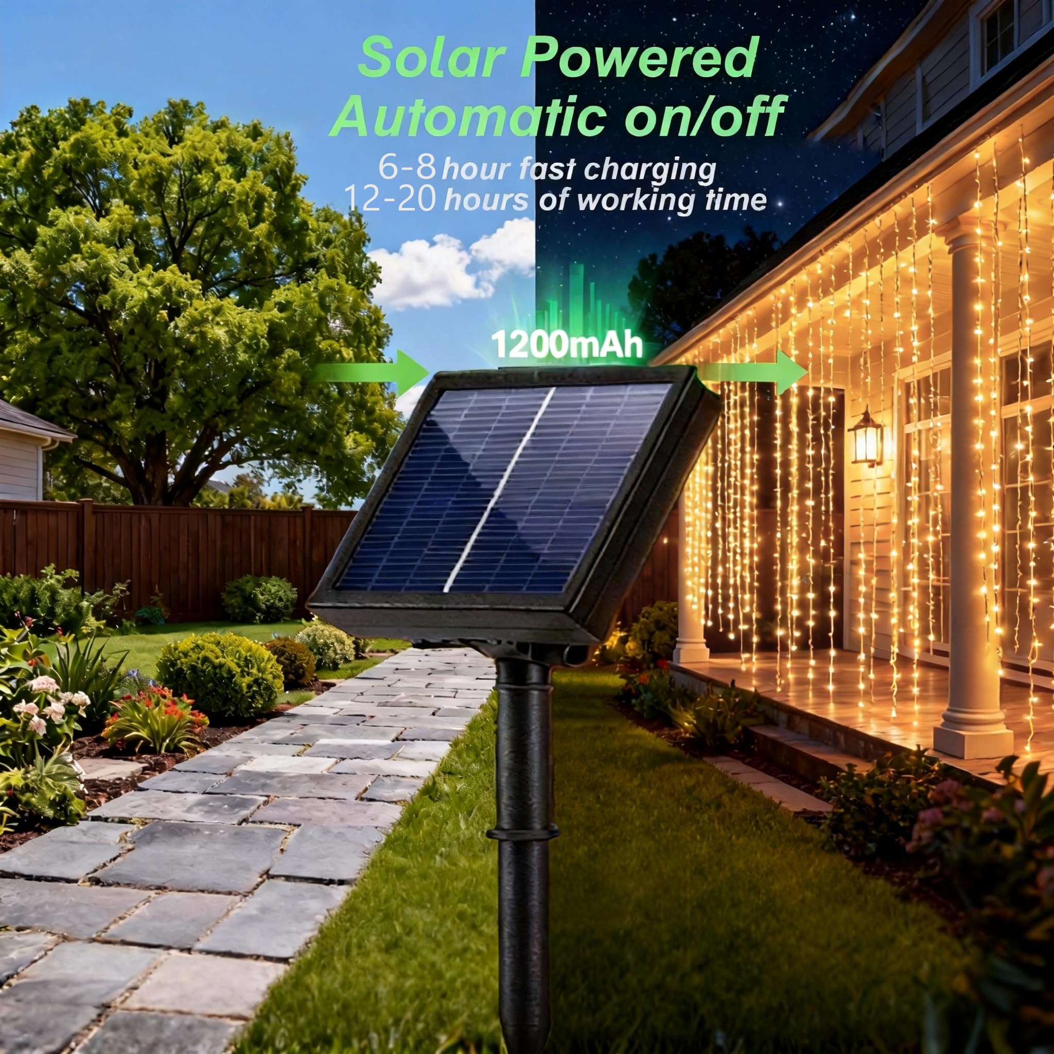 Solar-Vorhang-Lichterkette für den Außenbereich, 6 x 3 m, insgesamt 480 LEDs, solarbetrieben, wasserdicht, für Garten, Party, Hochzeit, Dekoration, 2 Stück