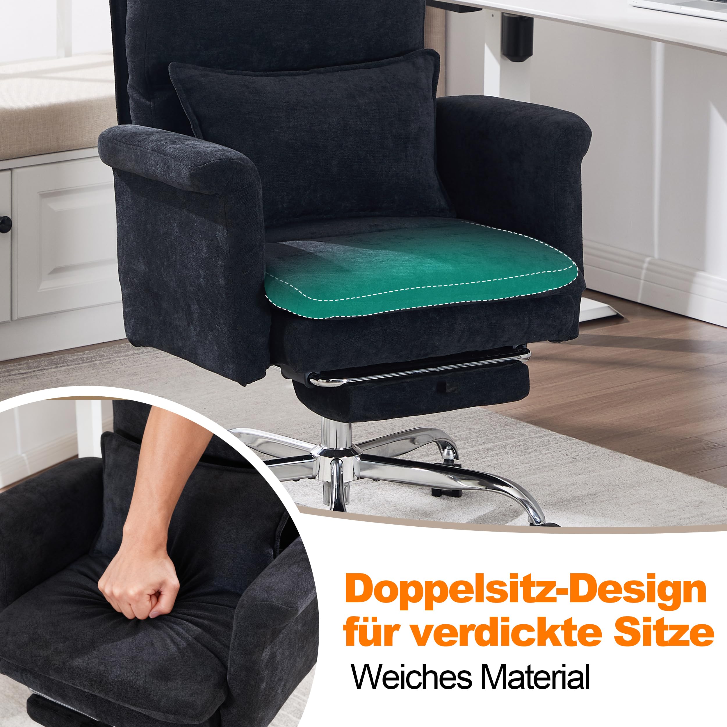 UEV Bürostuhl Ergonomisch mit Fußstütze bis 226kg,Drehstuhl schwarz | klappbare Armlehnen,Dicker Sitzpolsterung,Verstellbarer Kopfstütze,Schreibtischstuhl für schneidersitz,Computerstuhl