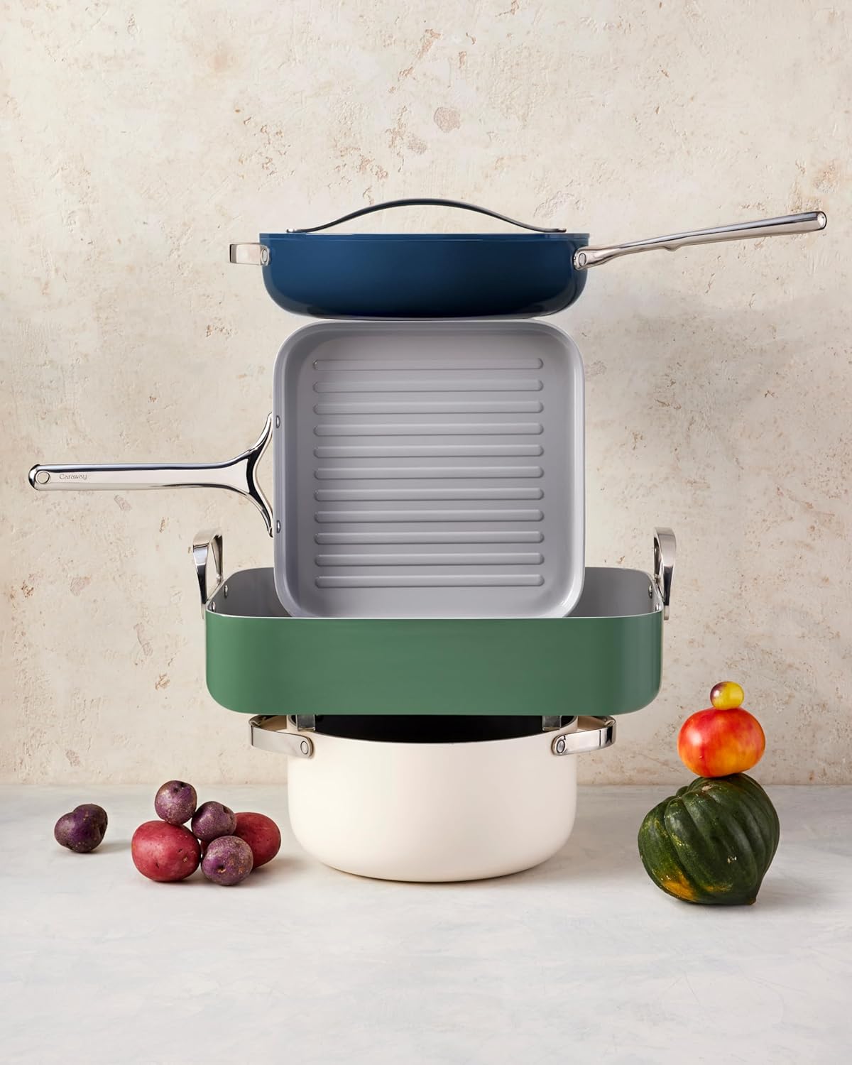 Caraway 31-Piece Ceramic Cookware Bundle - Fry Pans, Saucepans, Sauté Pan, Dutch Oven, Petite Cooker, Stir Fry, Rondeau, Stock Pot, Grill & Griddle Pans, Roasting Pan, Racks, Organizers - Sage