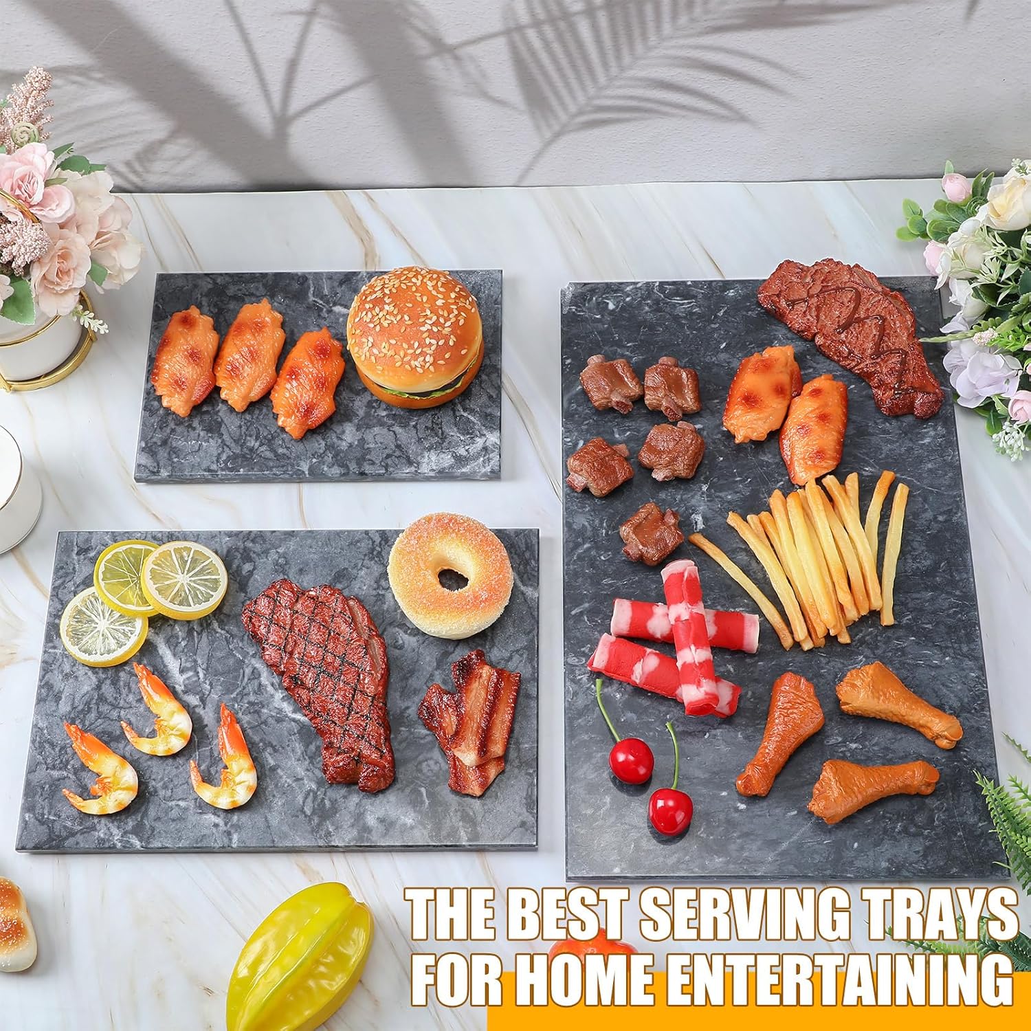 Hushee 3 Pcs Marble Cutting Board for Kitchen Marble Serving Tray Platter Different Sizes 9 x 6'' 12 x 8'' 16 x 10'' Non Slip Feet Pastry Cheese Tray for Pizza Bread Cake Baking Display(Black)