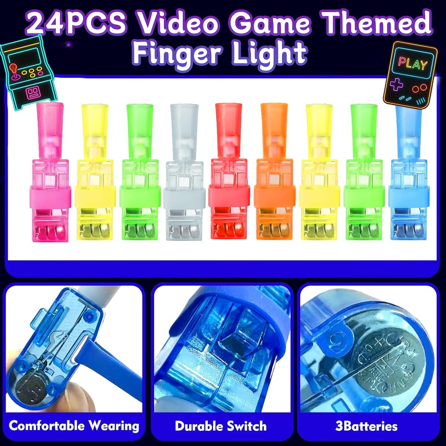 24PCS Video Game Party Favors Finger Lights, 8 Designs Light Up Finger Lights for Birthday Party Favors, Goodie Bag Stuffers Bulk Party Favors, Light Up Party Favors for Gamer Birthday Decorations