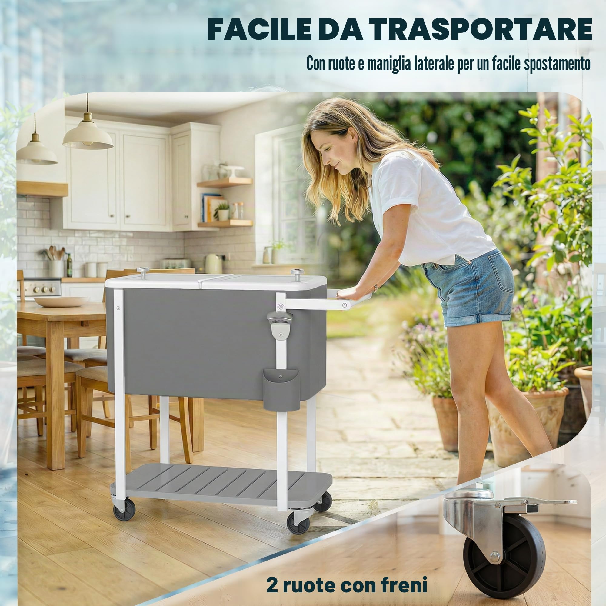 Outsunny Carrello refrigerante con capacità di 56 l, con ruote, apribottiglie, ripiano inferiore, manico carrello per bevande, refrigeratore, portabicchieri per feste all'aperto e barbecue, grigio