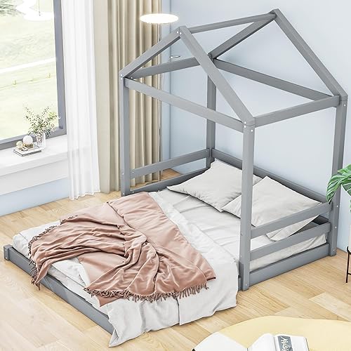 Miniatura 97 de Favfurish Cama de plataforma de casa de tamaño individual con cabecero y estribo, diseño de techo, cama de madera con forma de casa para niños y