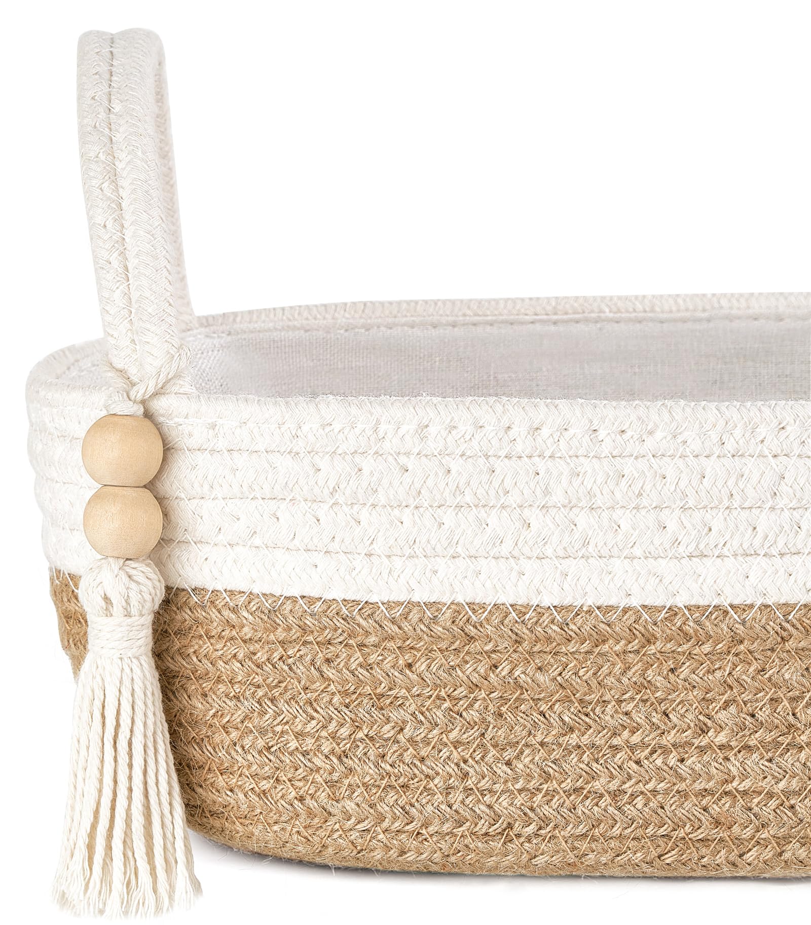 Mkono Kleiner Aufbewahrungskorb für Toilette, Toilettenspülkasten, böhmische Badezimmerdekoration, gewebtes Seil, Toilettenpapierhalter, Organizer für Regal, Schlafzimmer, Wohnzimmer, Braun und Weiß
