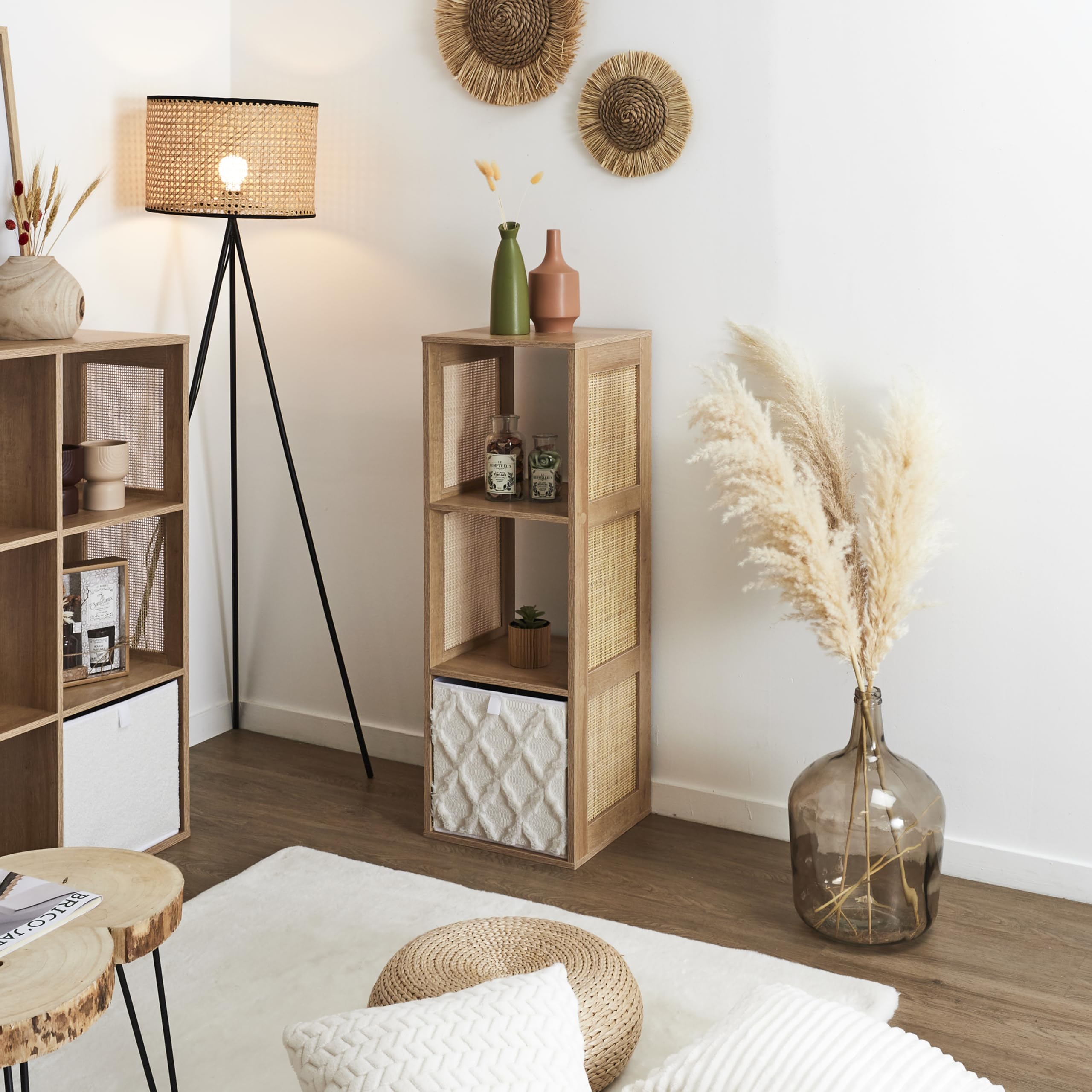 HOME DECO FACTORY Rangement Modulable 3 Cases en Rotin Design Aéré Marron | Rotin, rangement modulable, 3 cases, design aéré, salon chambre entrée, naturel et pratique, 34x99x32 cm, marron