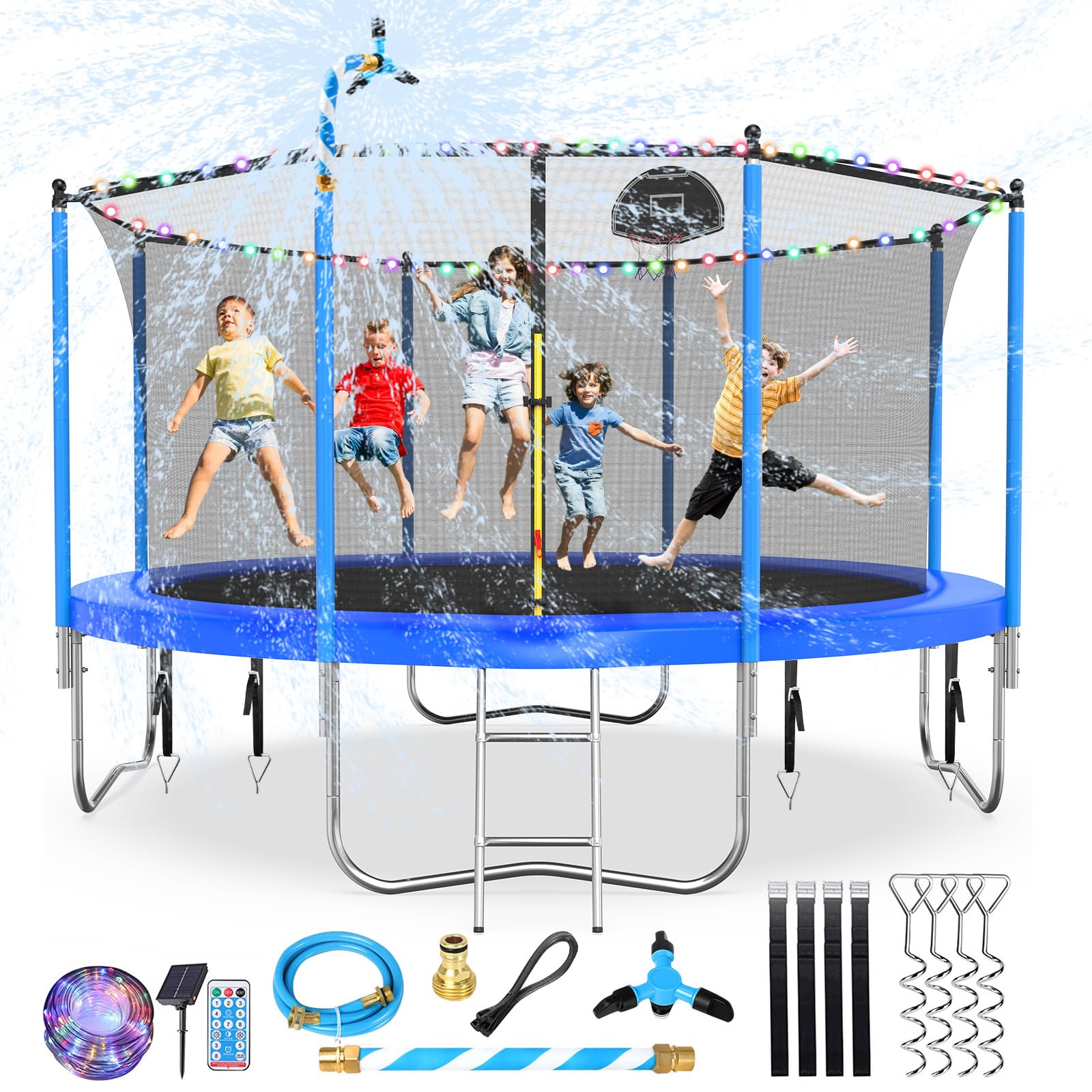 Upgraded 12FT Trampoline with Lights, Large Outdoor Trampoline with Sprinkler,Basketball Hoop and Net, Capacity for 5-8 Kids and Adults, Sky Blue