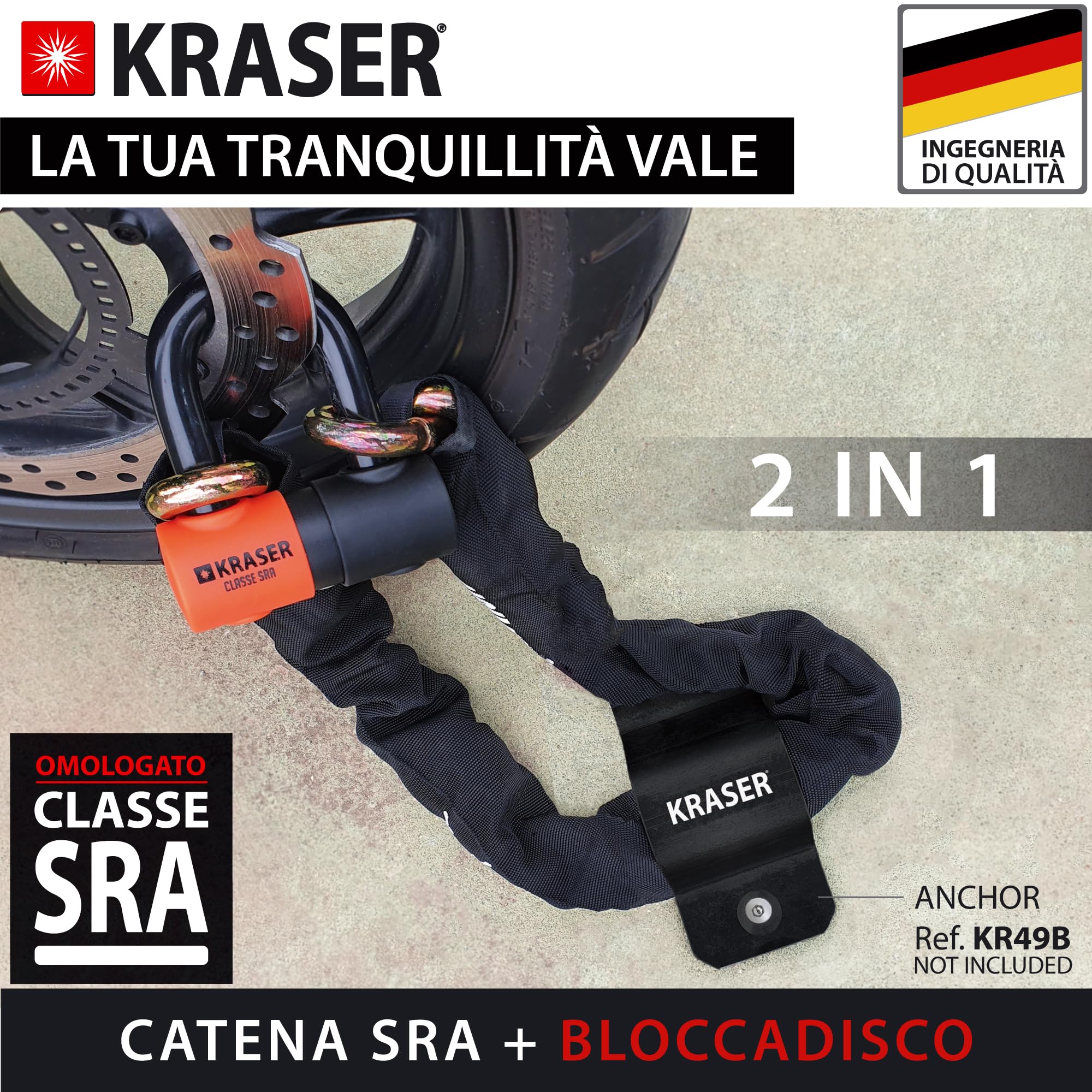 KRASER KR50100 Catena Moto Antifurto Blocco Disco Omologato SRA Set Mini U Solid Ø18, Incatenato 100 cm Ø13.5 Anelli, Multifunzione Alta Sicurezza Motociclo Motorino