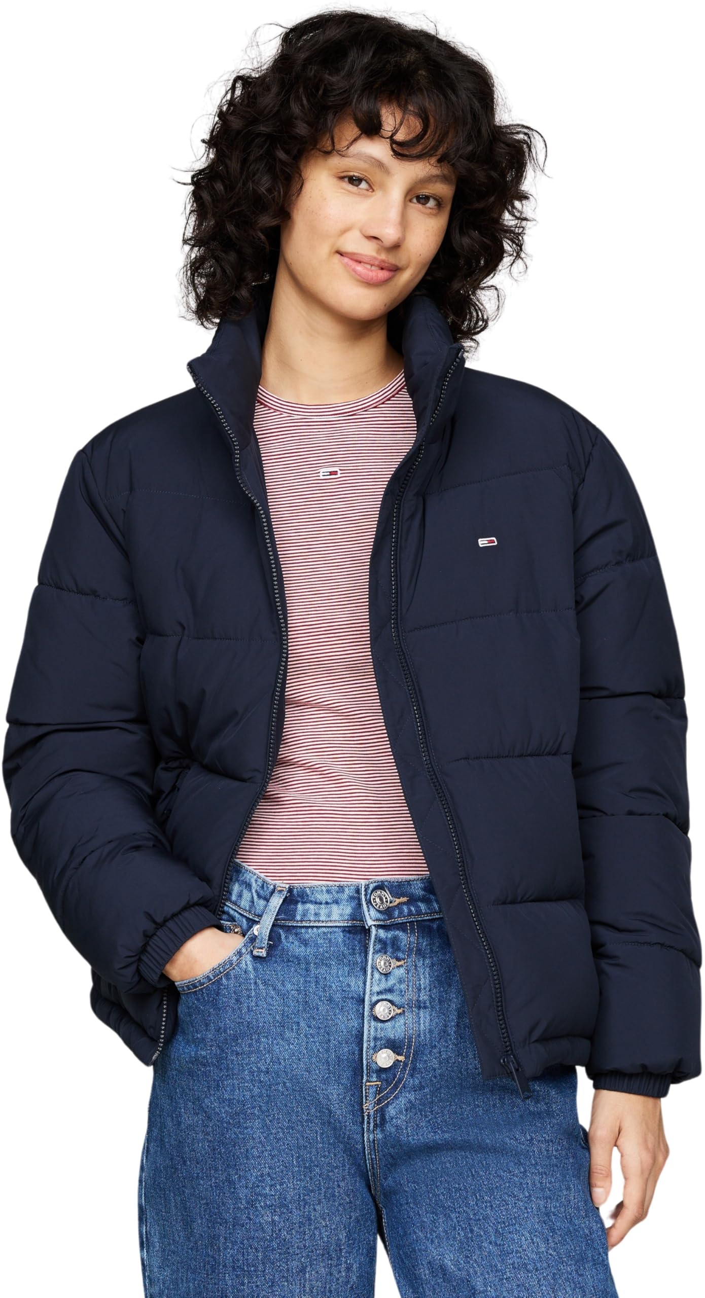 Tommy Jeans Women’s Essential Cropped Puffer Jacket with Collar, Blue (Dark Night Navy), XL
