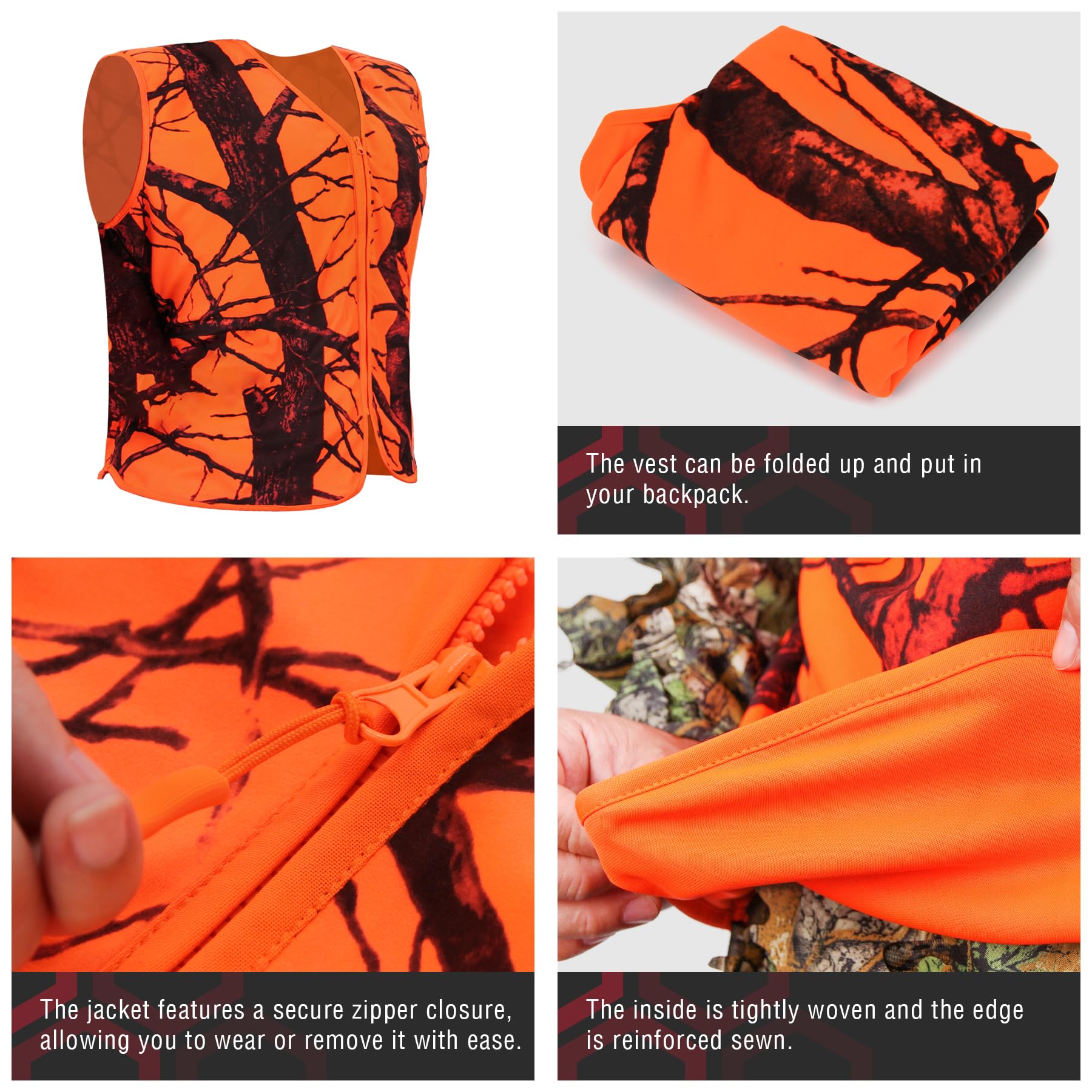 Avizon Gilet da caccia da uomo, colore arancione, mimetico, con cerniera, leggero