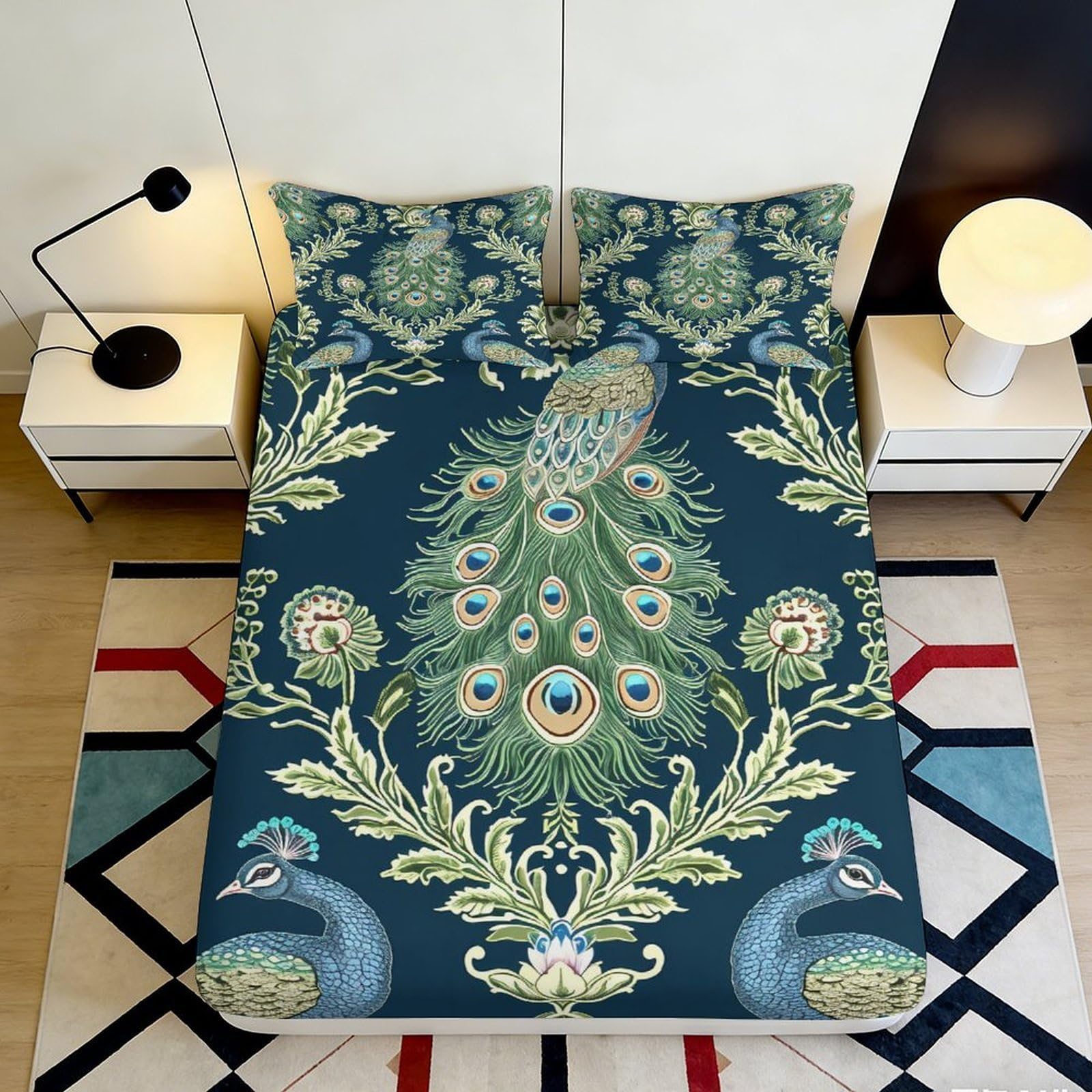 3D Printed Peacock Pattern Fitted Sheet Microfiber Elastic Hem Deep Pocket Bedroom Peacock Mattress Fitted Cover 140x200x25cm