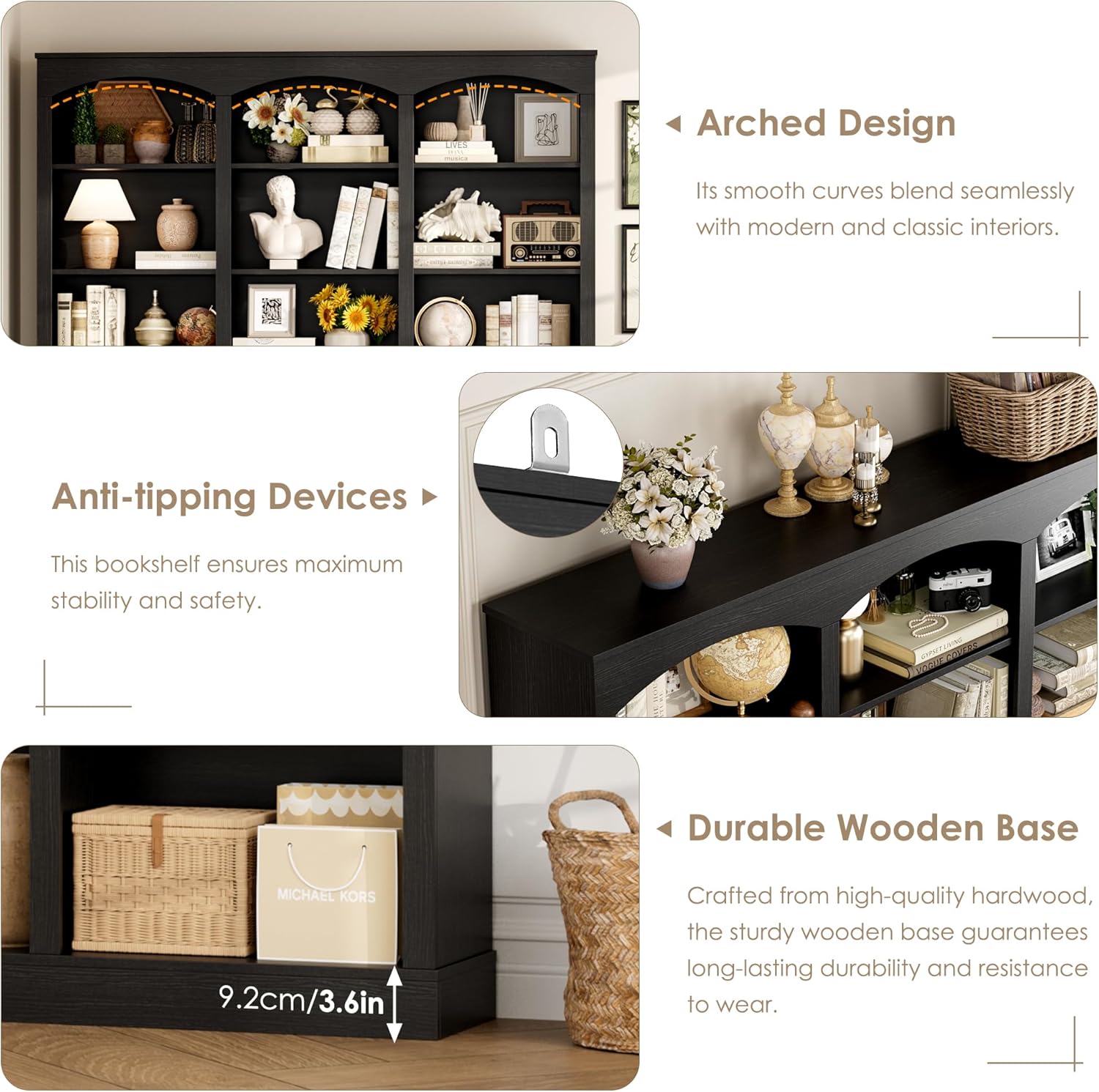 71" Triple Wide Bookshelf, 6 Tier Tall Bookshelf, Large Book Shelf with Curved Baffle, 63.4" Wide Bookcase with 18 Open Display Shelves for Living Room, Study, Black