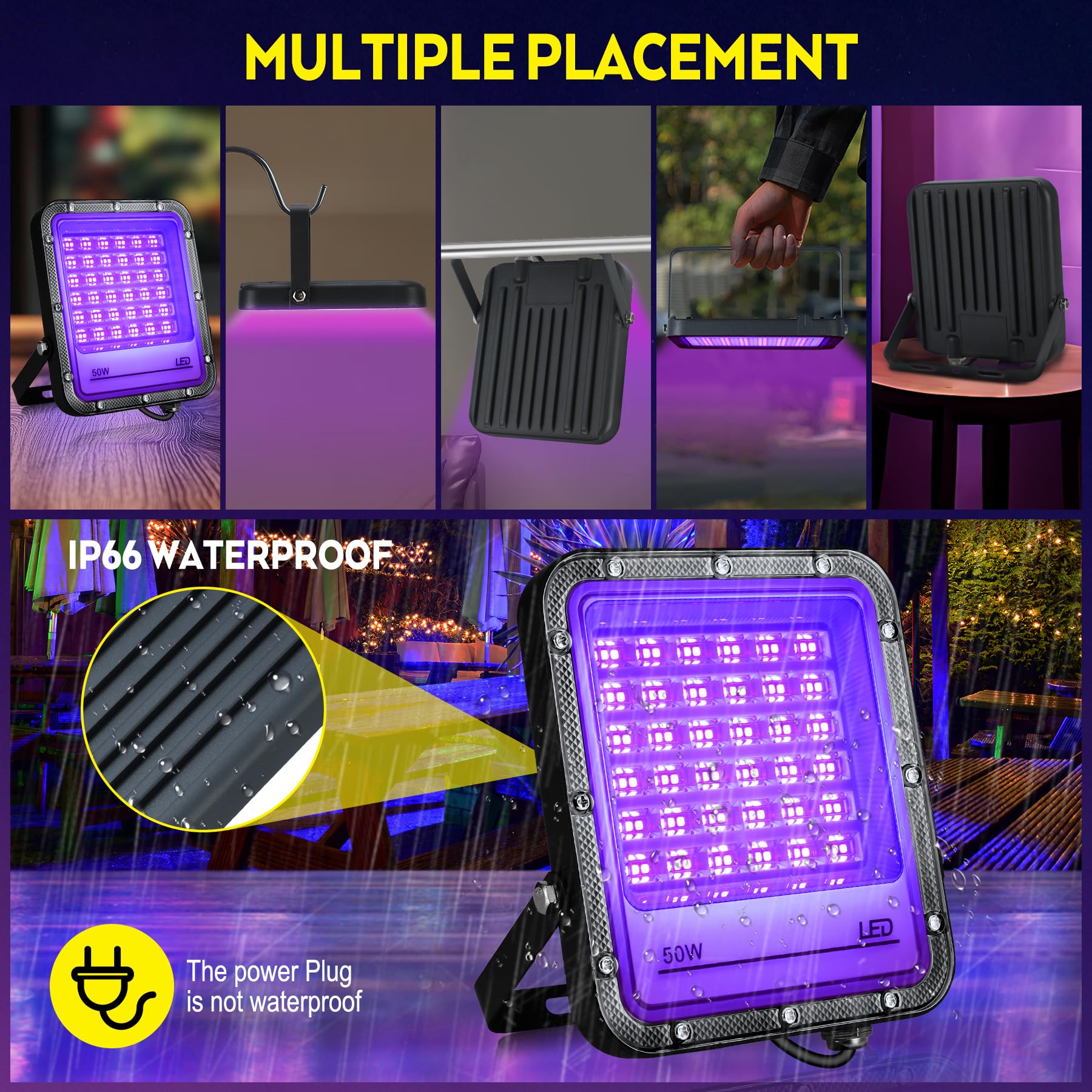 VAYALT 2 Pezzi 50W Luce Nera UV, IP65 Impermeabile Luce UV, 395nm Potente Faro UV, Faretto UV LED per Festa Glow, Bar, Acquario, Natale, Decorazione di Halloween, Pittura, Effetti Fluorescenti