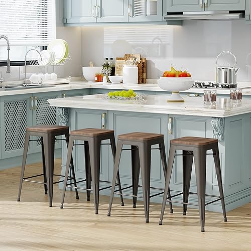 Miniatura 18 de Tongli Juego de 4 taburetes de bar de 24 pulgadas, apilables, de altura de mostrador, taburetes de bar de metal sin espalda, taburetes de mostrador