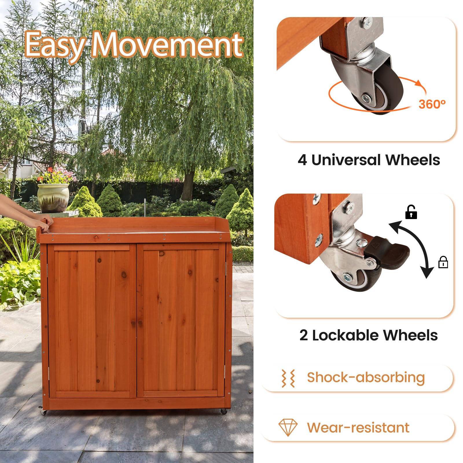 HOMASIS Gartenschrank Outdoor wetterfest aus Holz, Gartentisch mit Arbeitsplatte, Geräteschrank mit Rollen & abnehmbarem Ablage, Pflanztisch für Terrasse Garten Balkon, 98,5x48x100cm, Orange