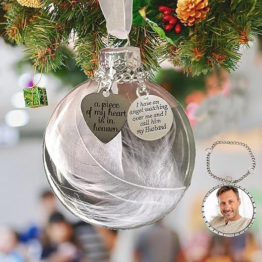 Sympathy Gifts for Loss of Husband,Clear Christmas Memorial Ornament Feather Ball, A Piece of My Heart is in Heaven,Christmas Tree Remembrance Hanging Pendant 3.15 inch (Husband)