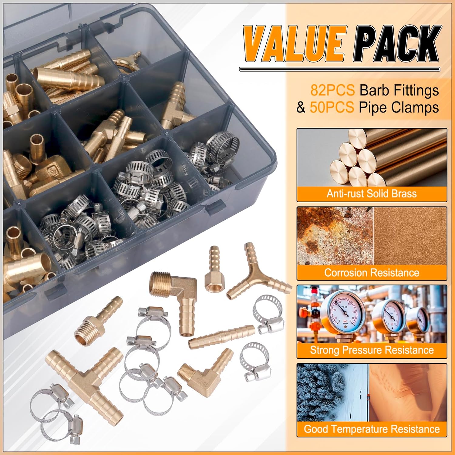 KOOTANS 132pcs Brass Hose Barb Fittings Assortment Kit Barb Splicer, Male Coupler, Female Adapter, 90° Male Elbow, Tee, Y Shaped Union Air Hose Fittings with Clamps for Water Fuel Air Line Connector